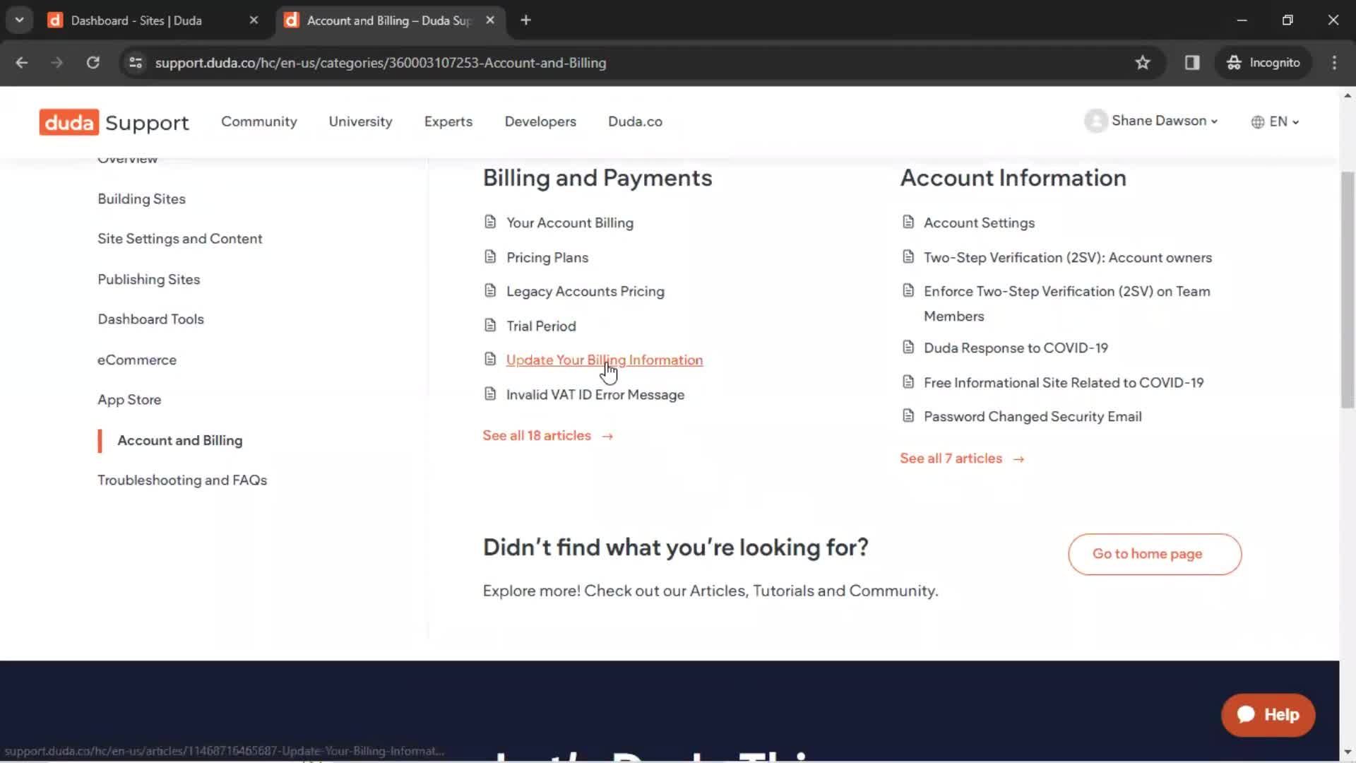 Help center screenshot
