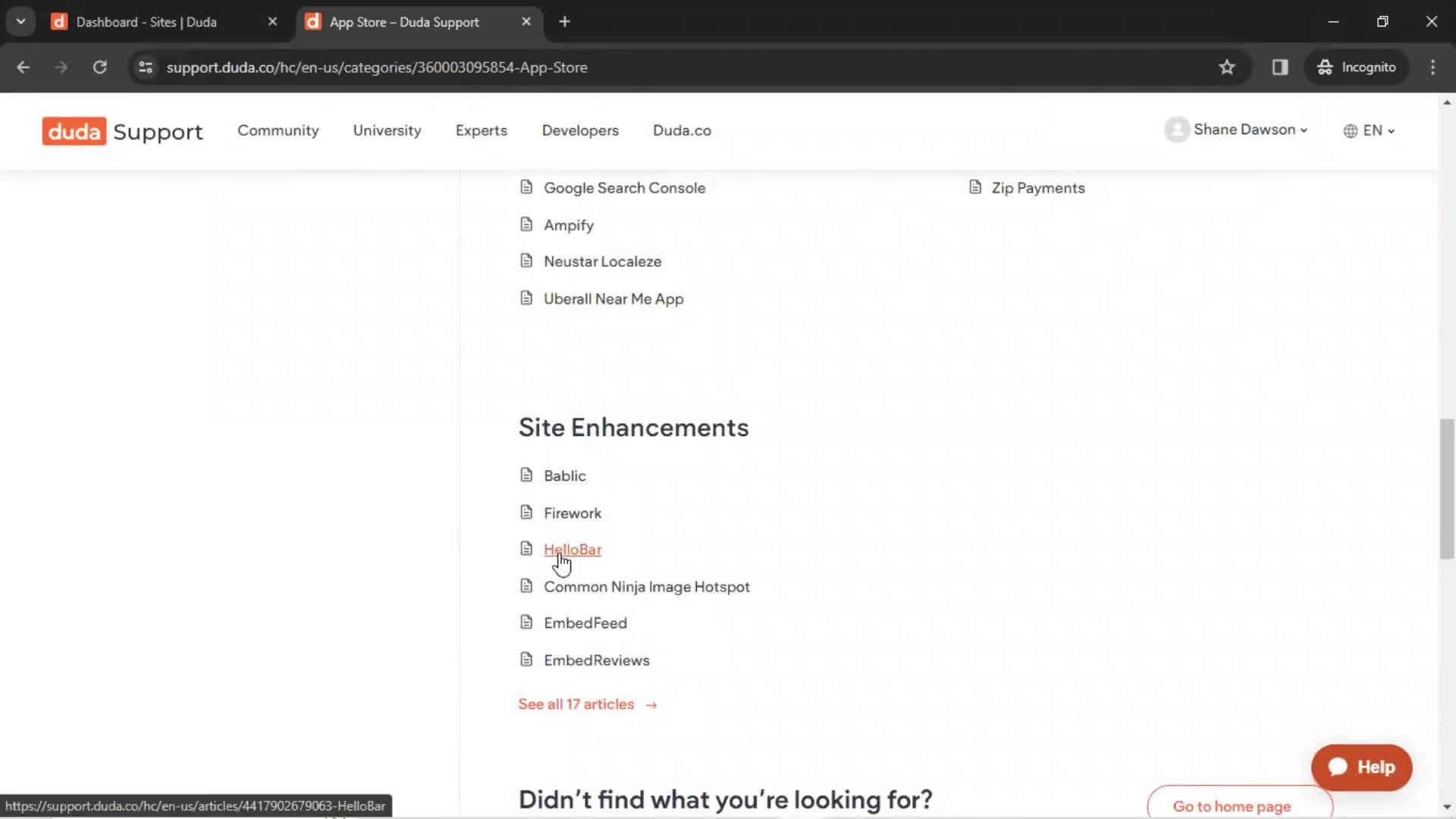 Help center screenshot