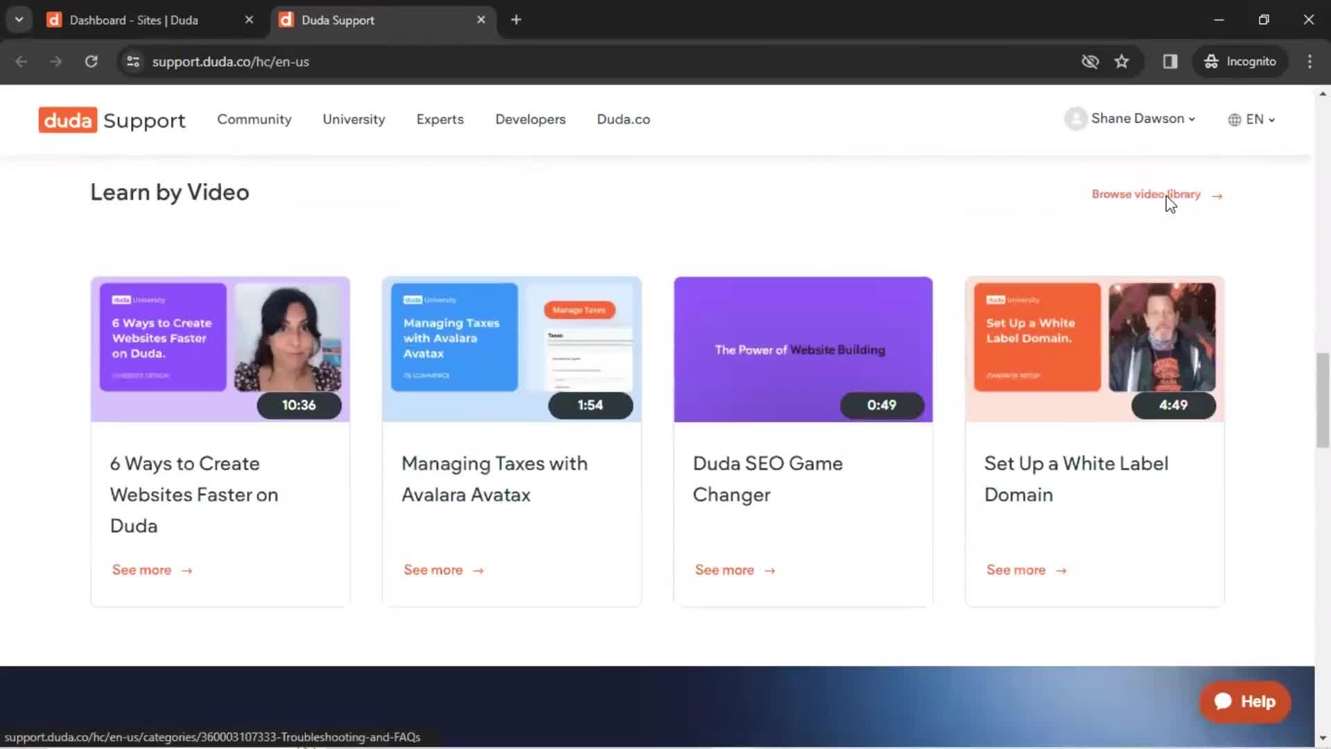 Help center screenshot