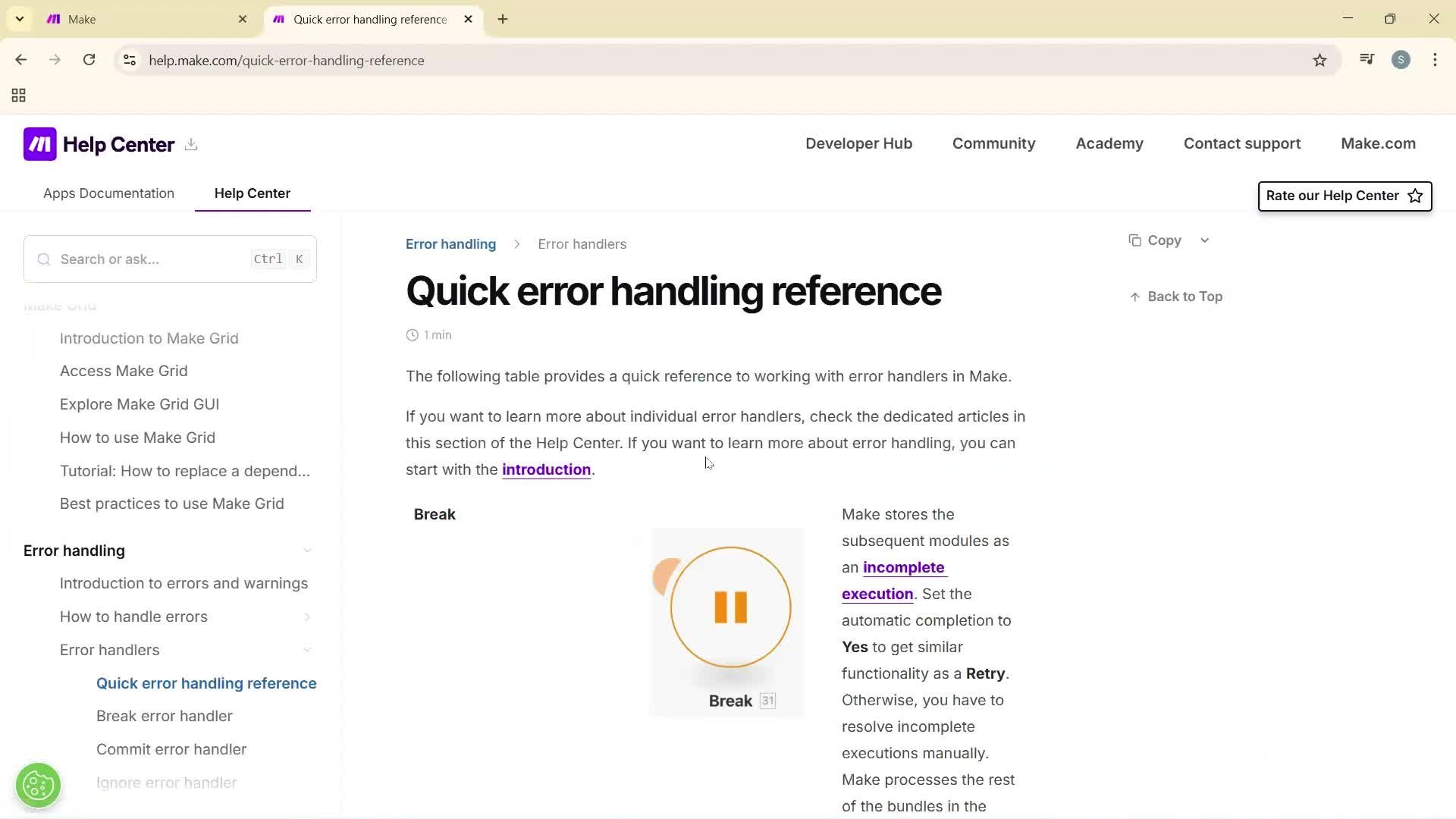 Help center screenshot