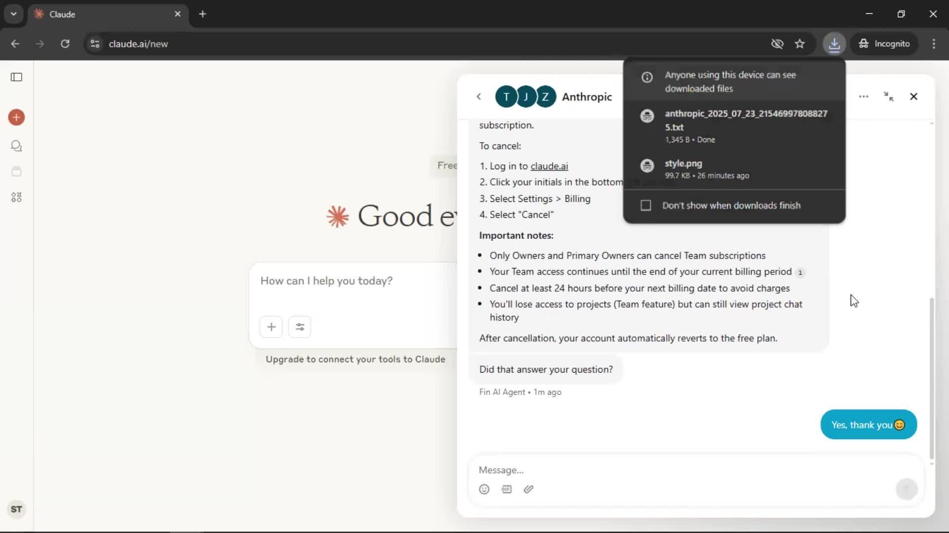 Help center screenshot