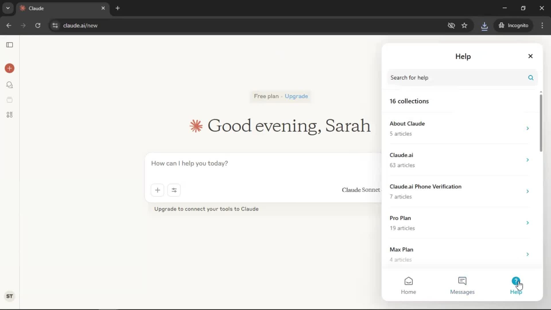 Help center screenshot