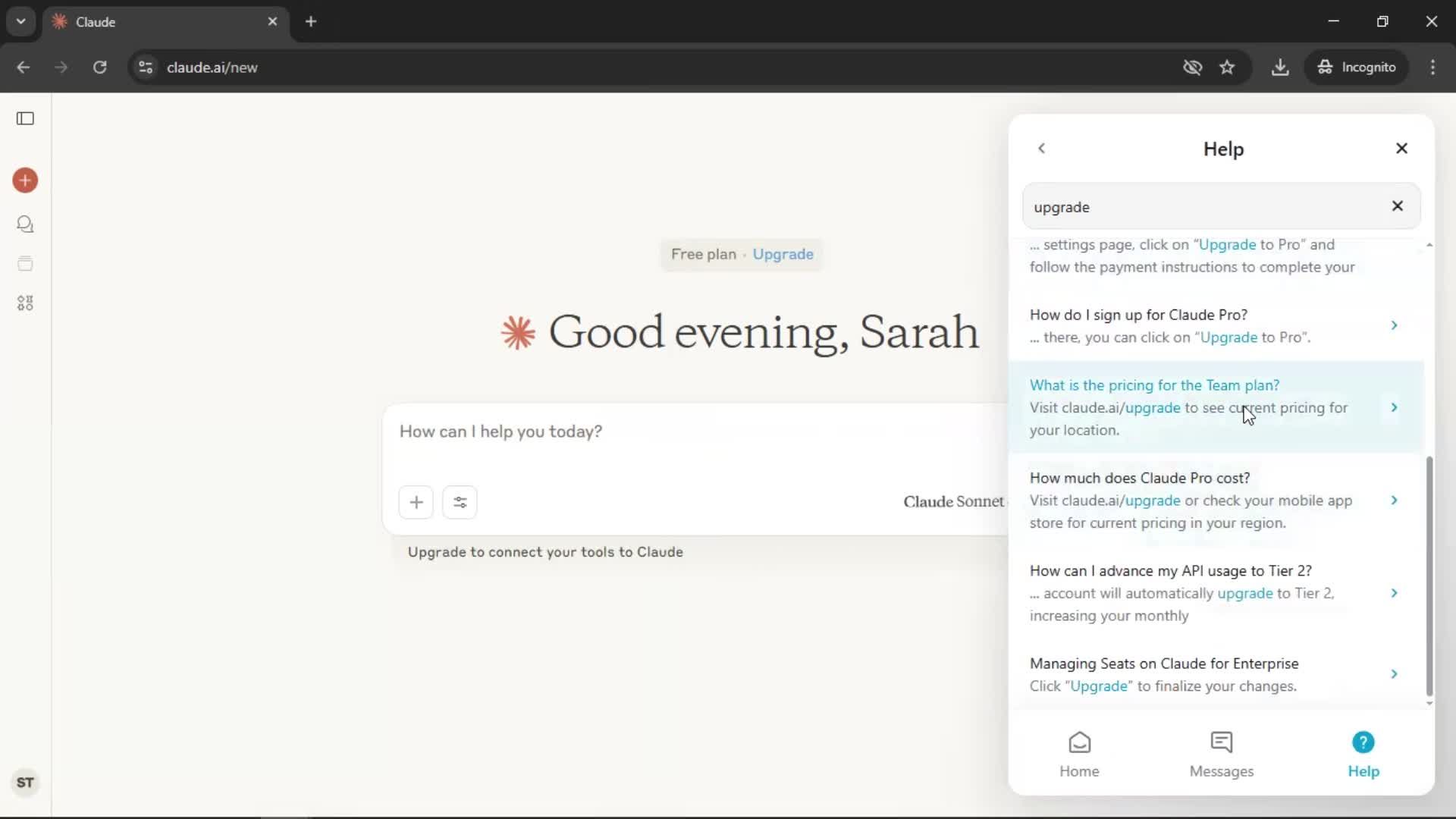 Help center screenshot