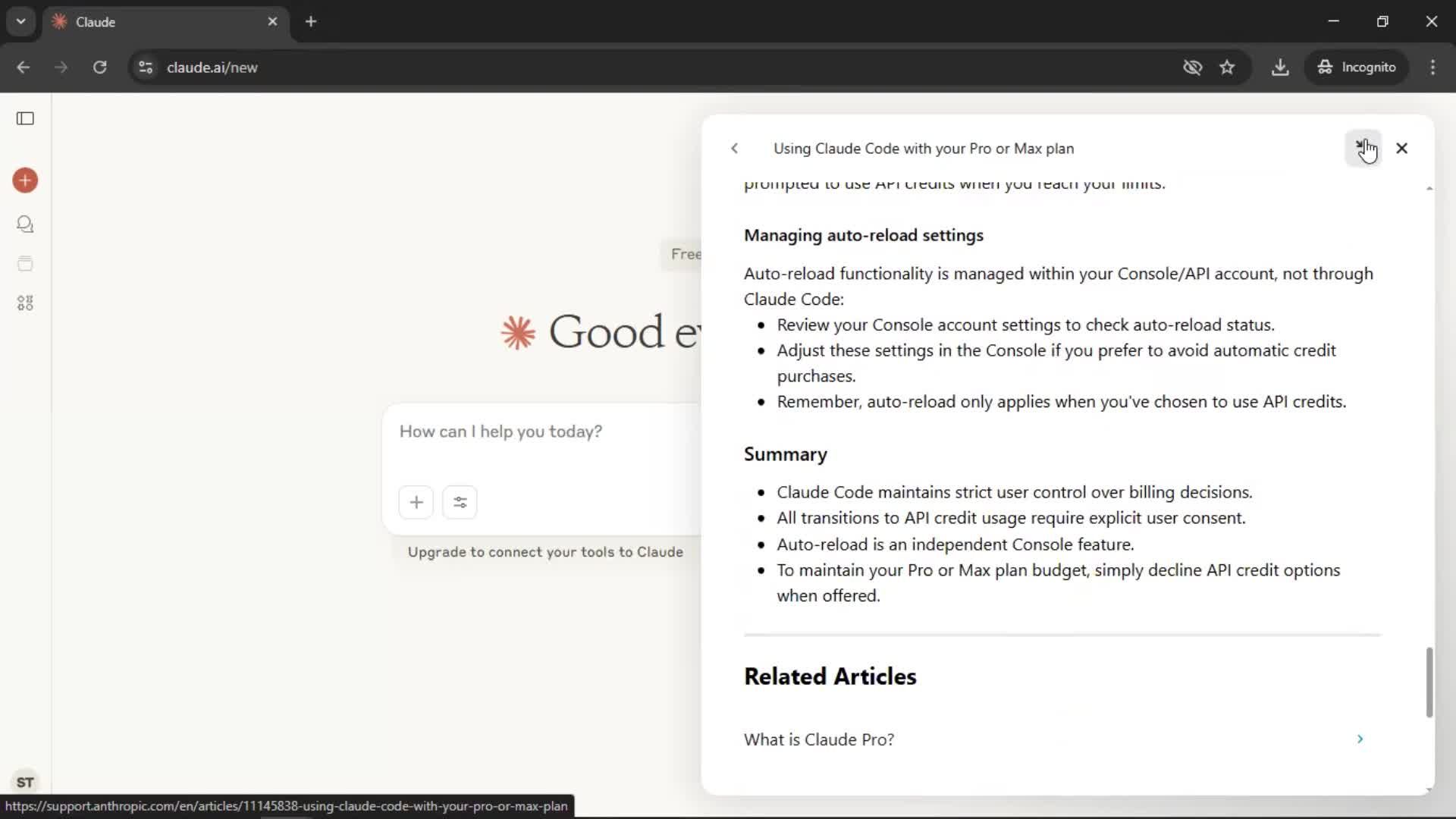 Help center screenshot