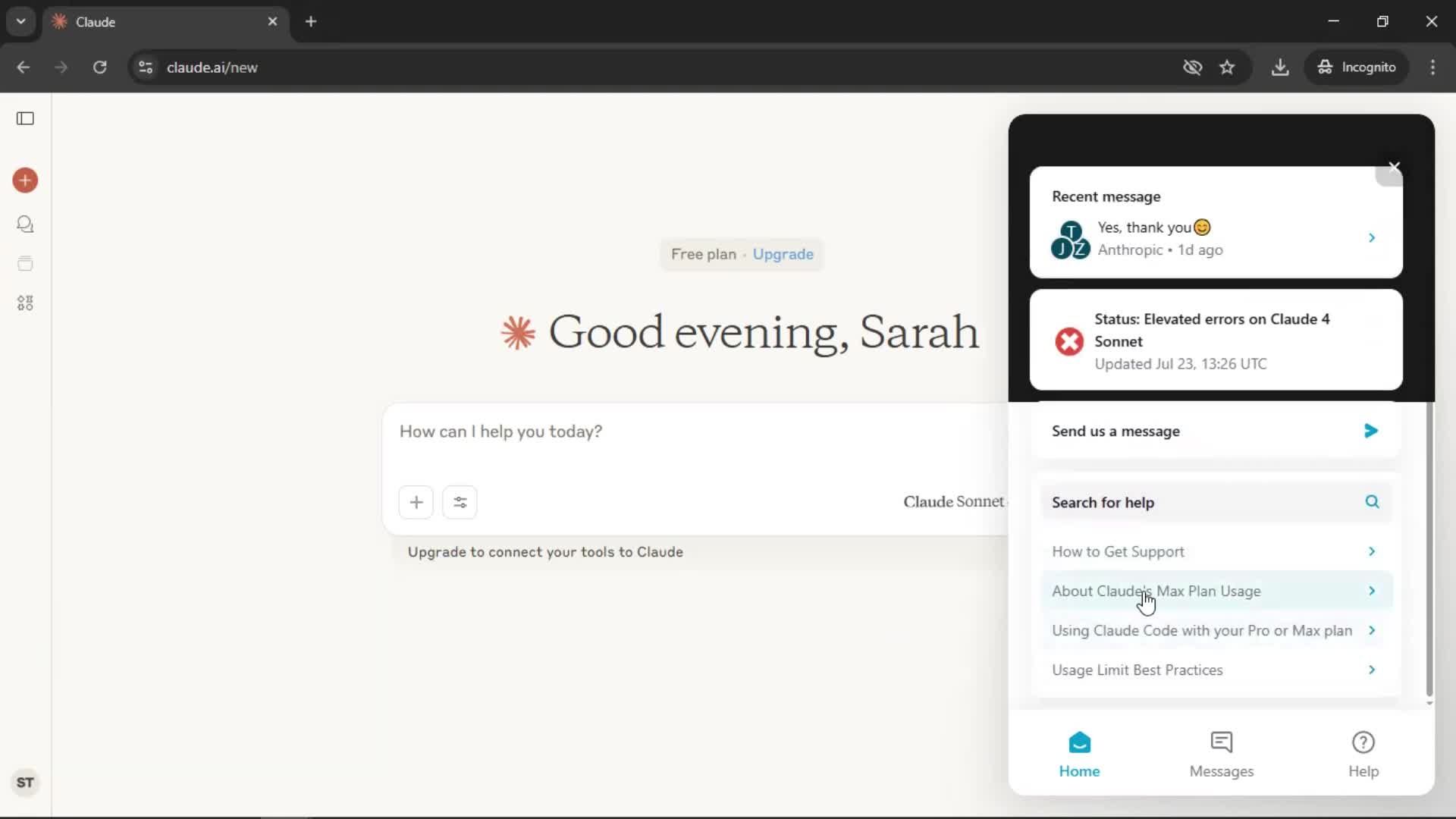 Help center screenshot