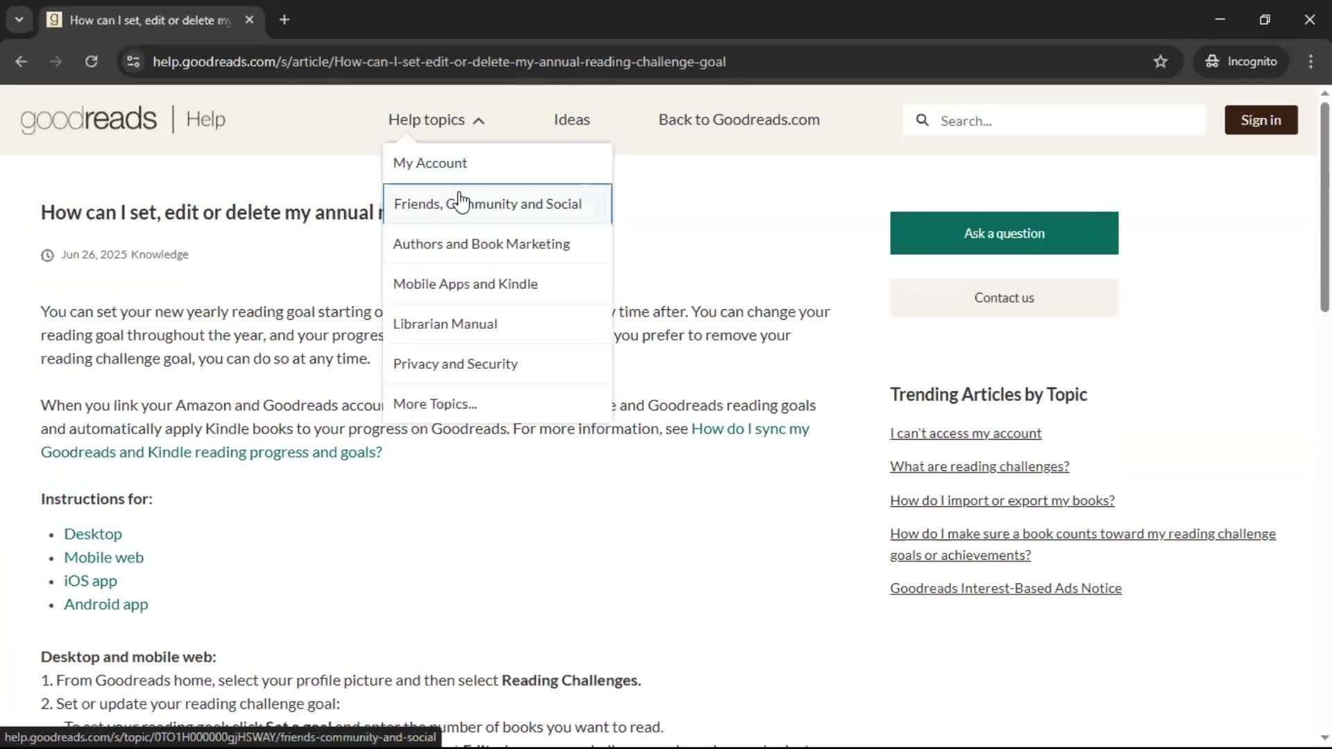 Help center screenshot