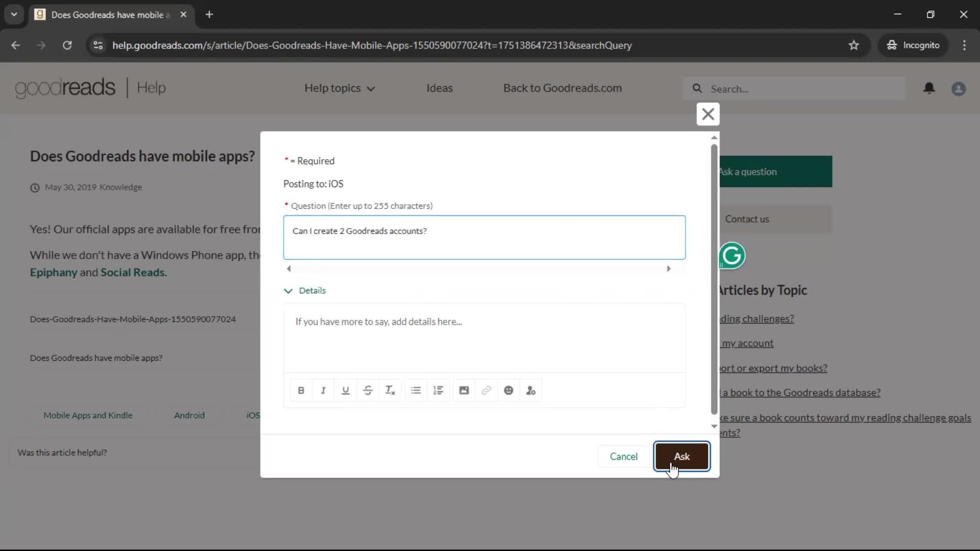 Help center screenshot