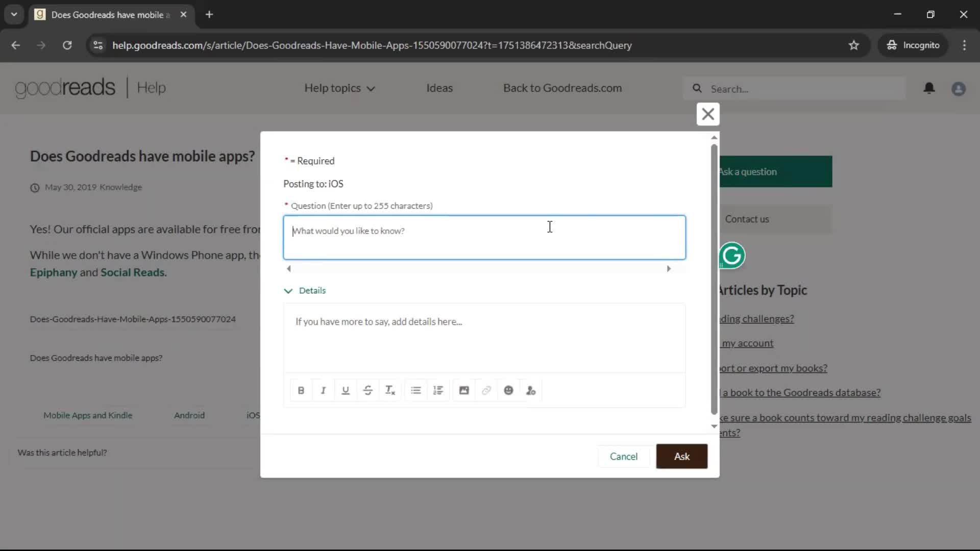 Help center screenshot