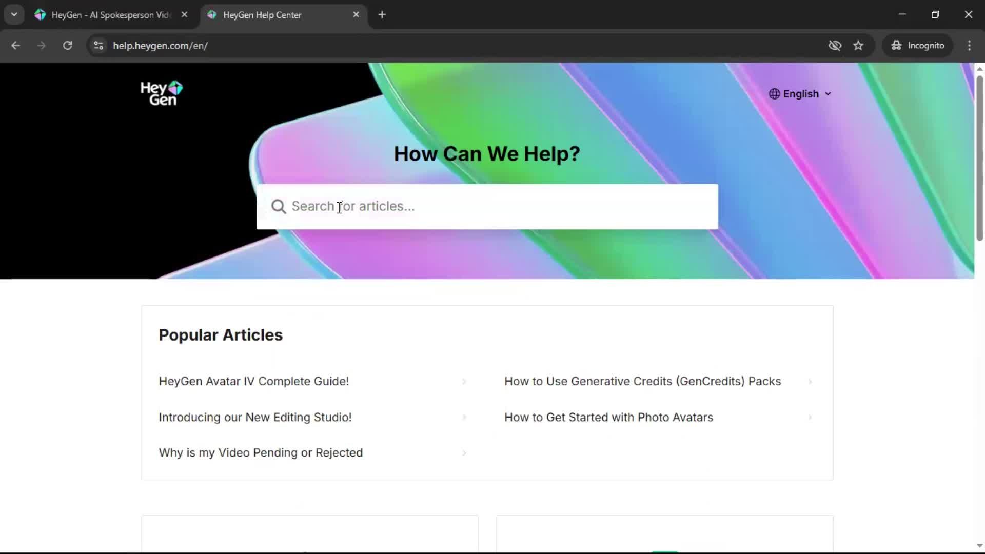 Help center screenshot