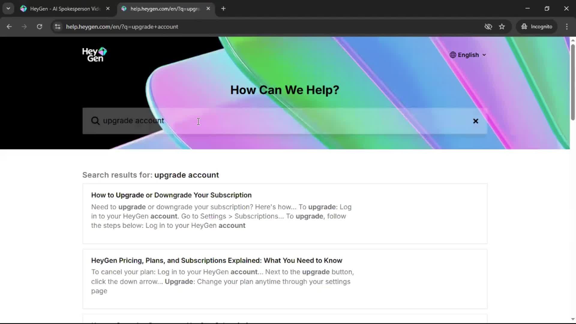 Help center screenshot