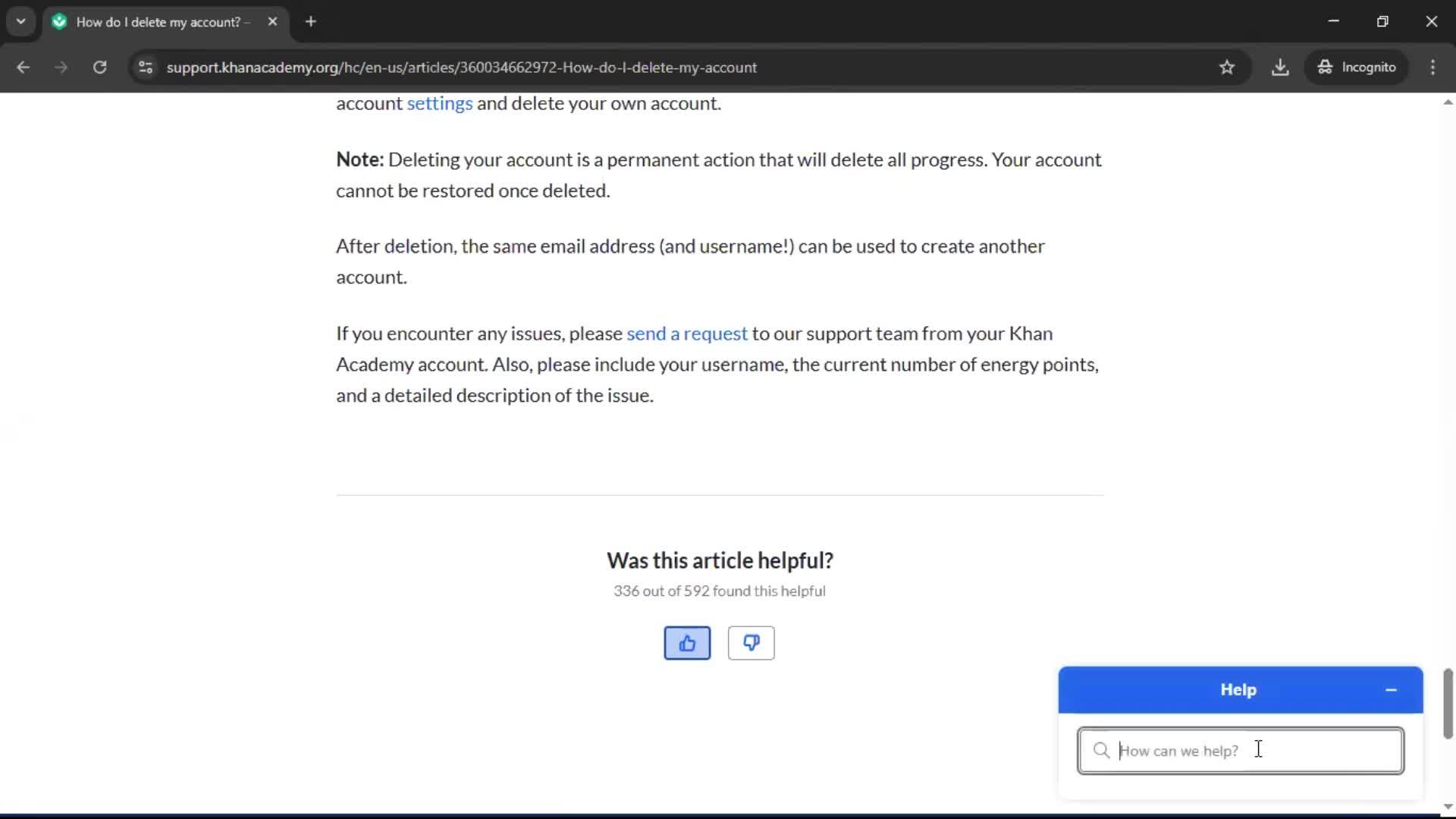 Help center screenshot
