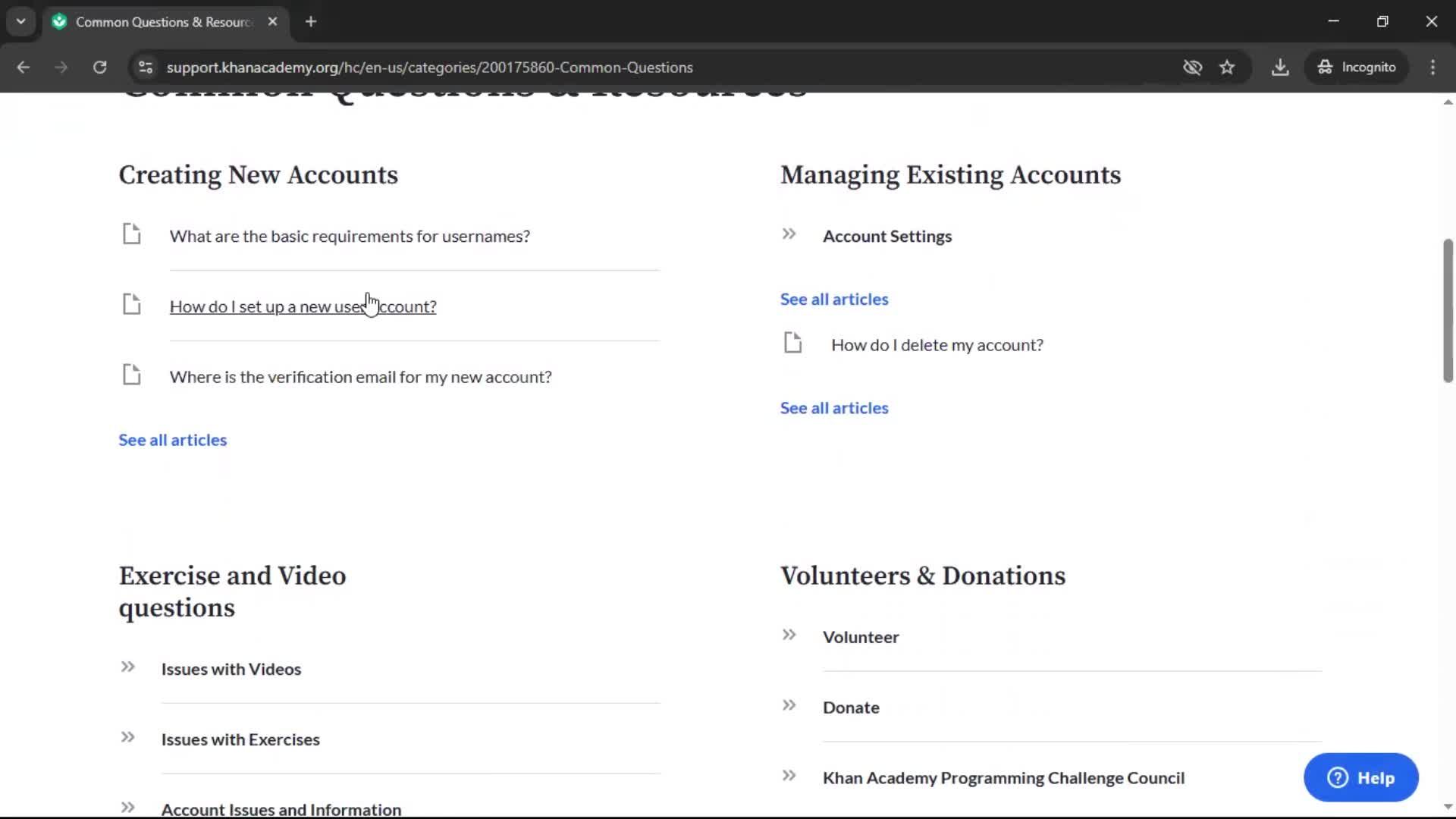 Help center screenshot