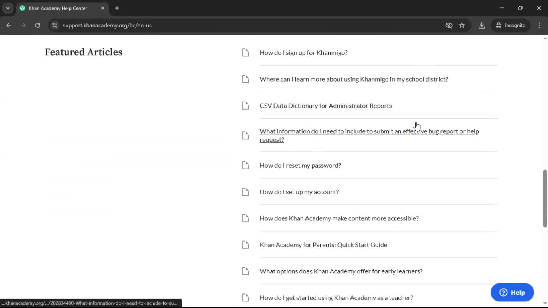 Help center screenshot