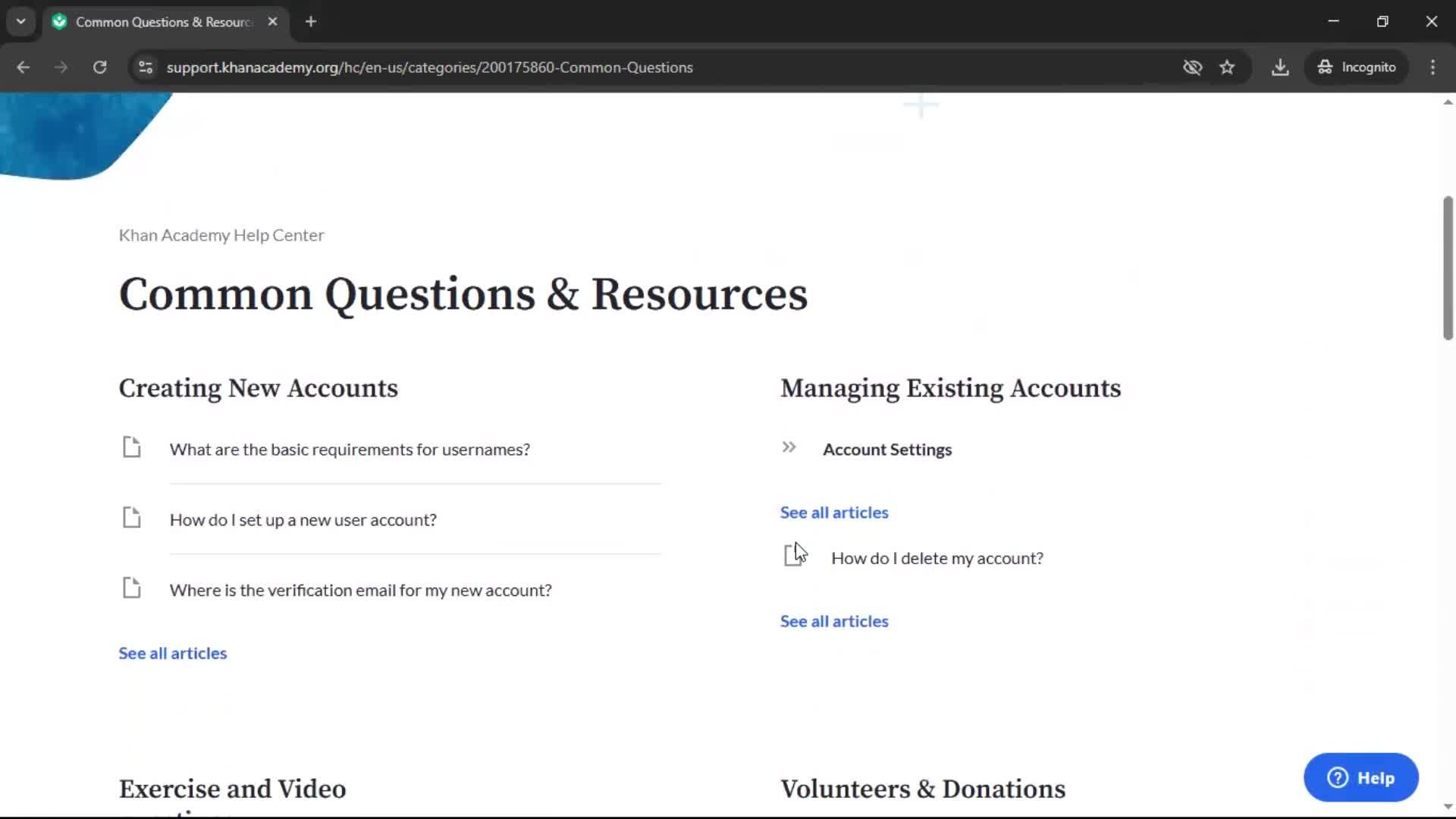 Help center screenshot