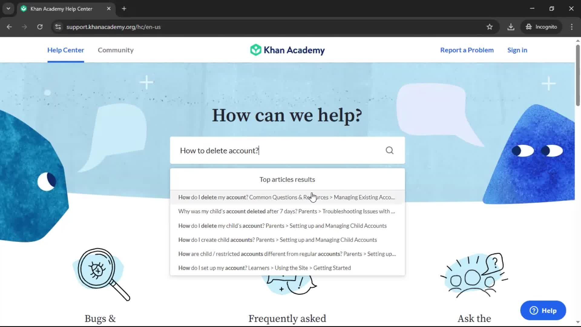 Help center screenshot
