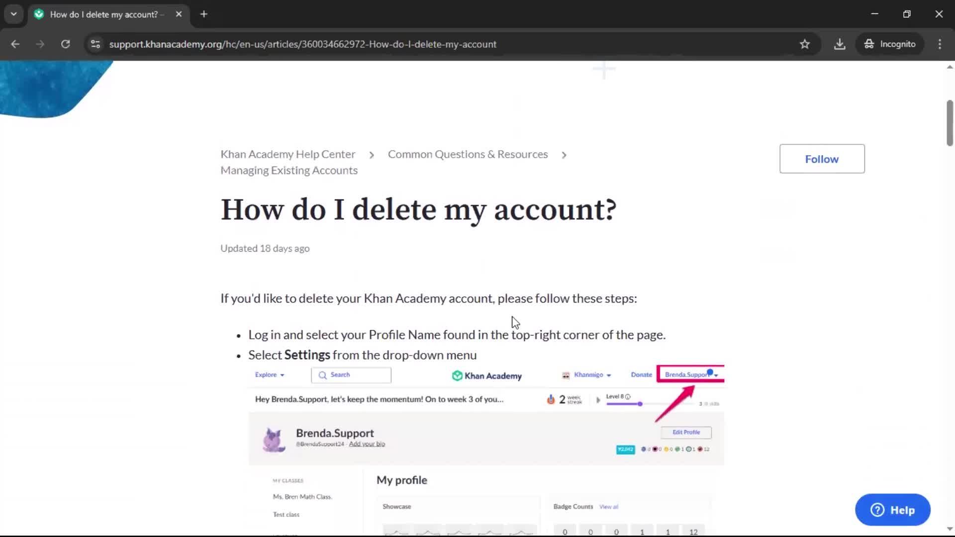 Help center screenshot