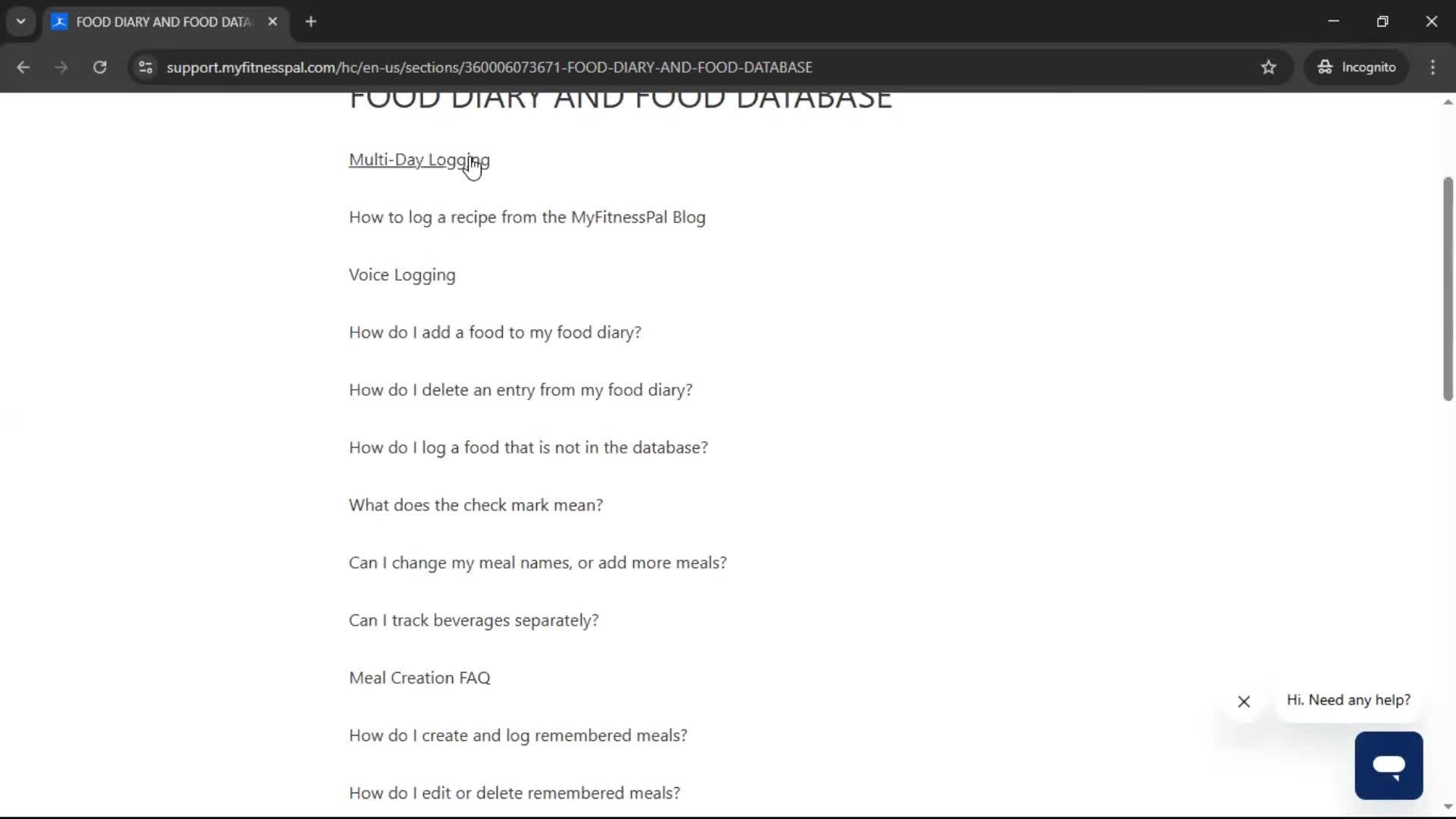 Help center screenshot