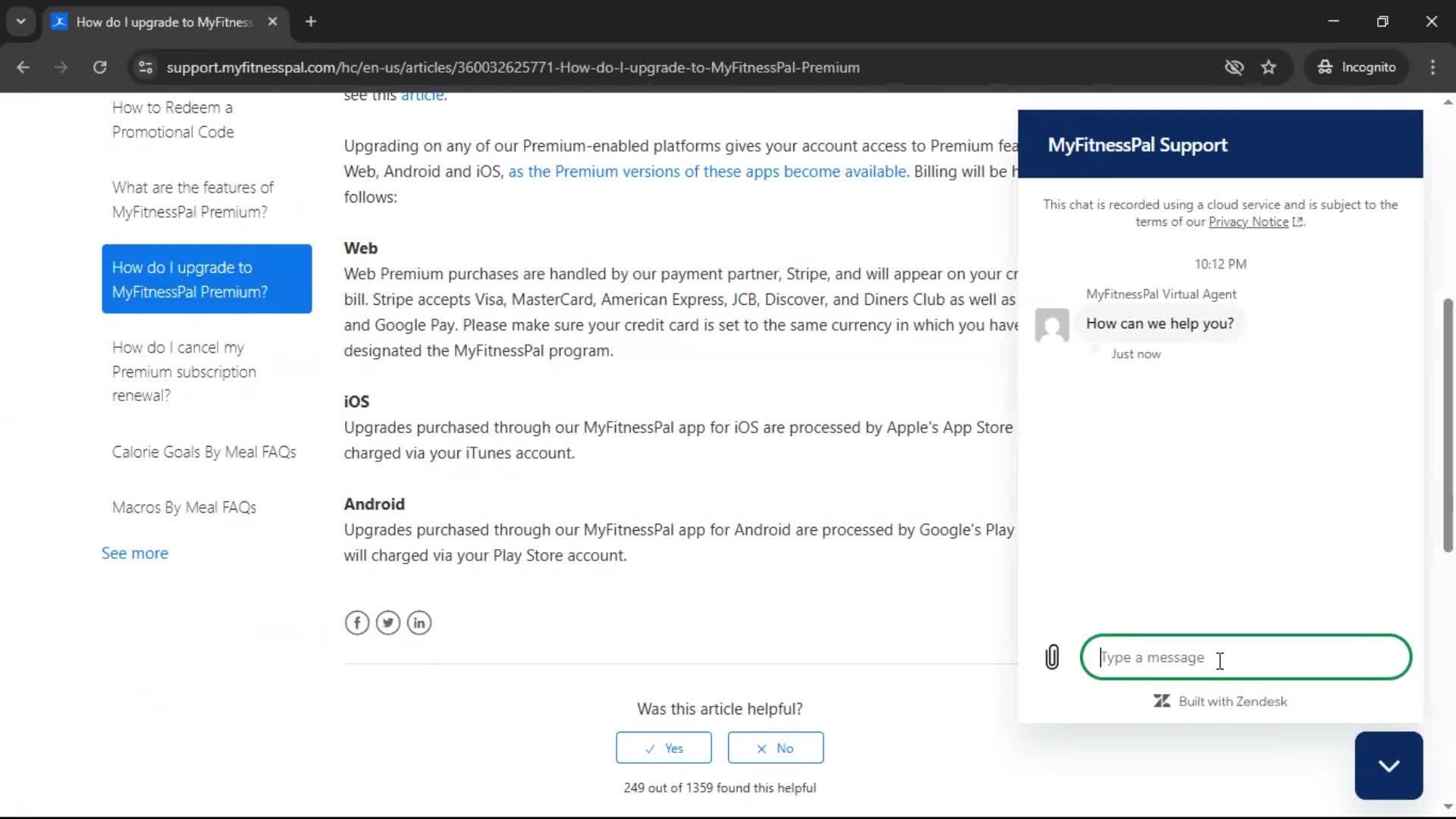 Help center screenshot