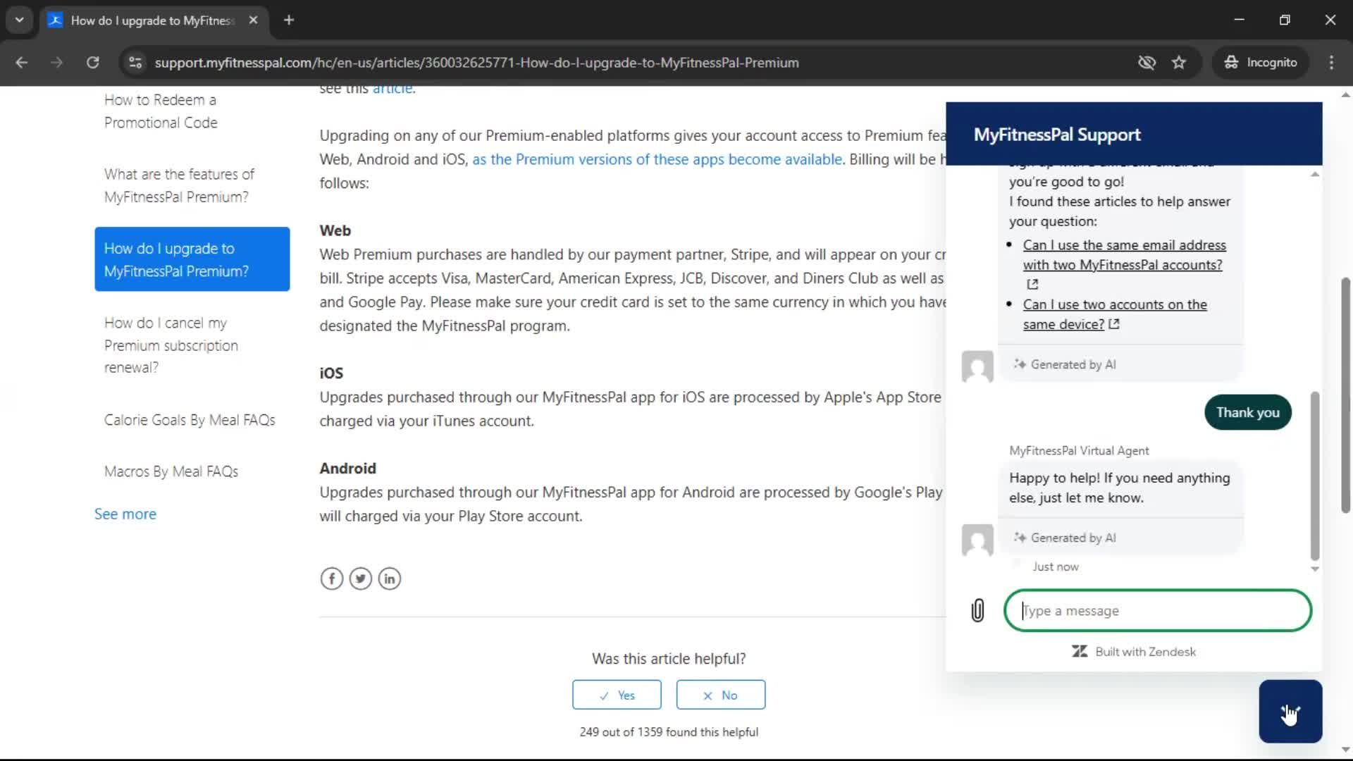 Help center screenshot