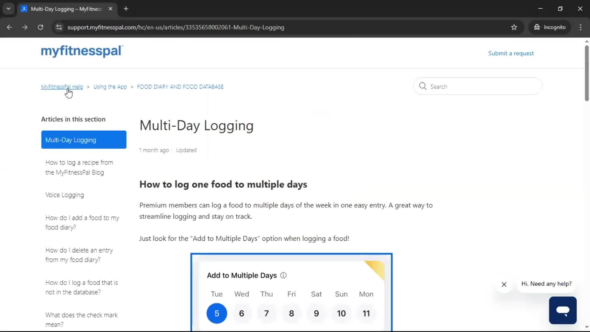 Help center screenshot