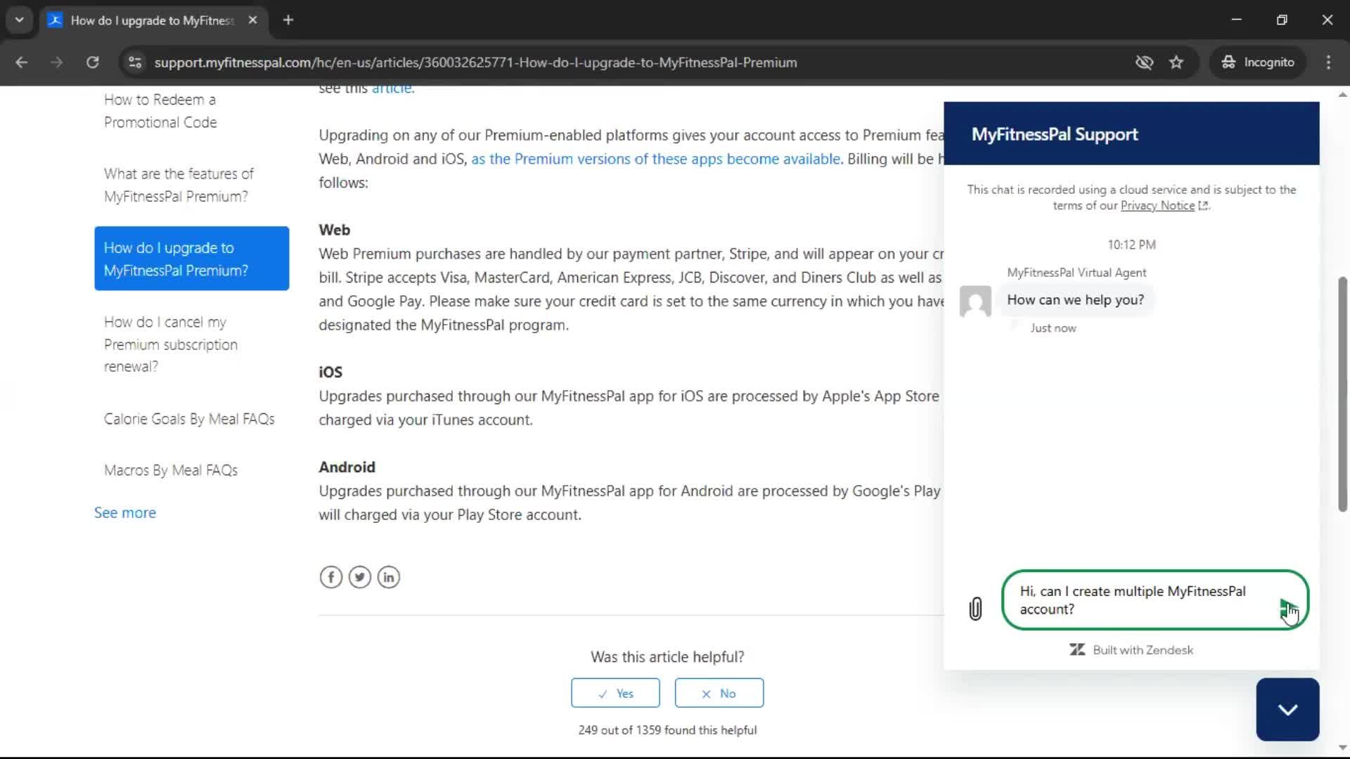 Help center screenshot