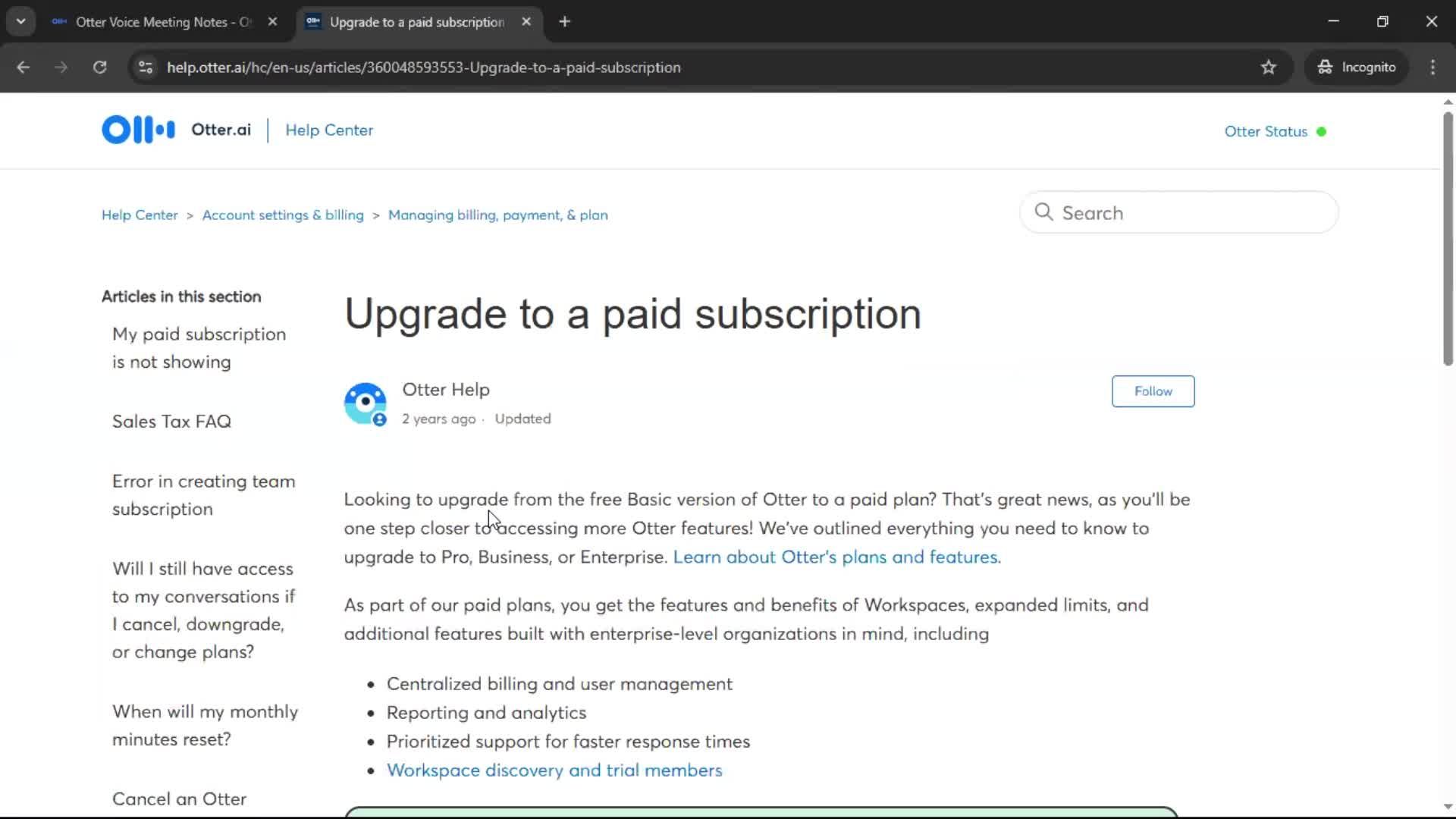 Help center screenshot
