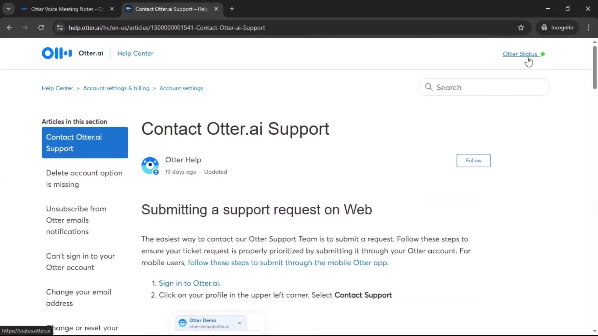 Help center screenshot