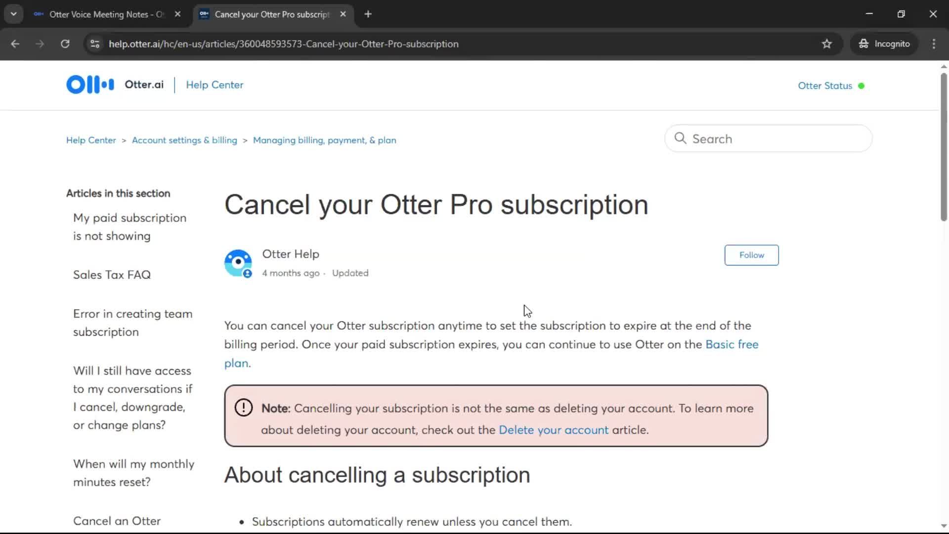 Help center screenshot