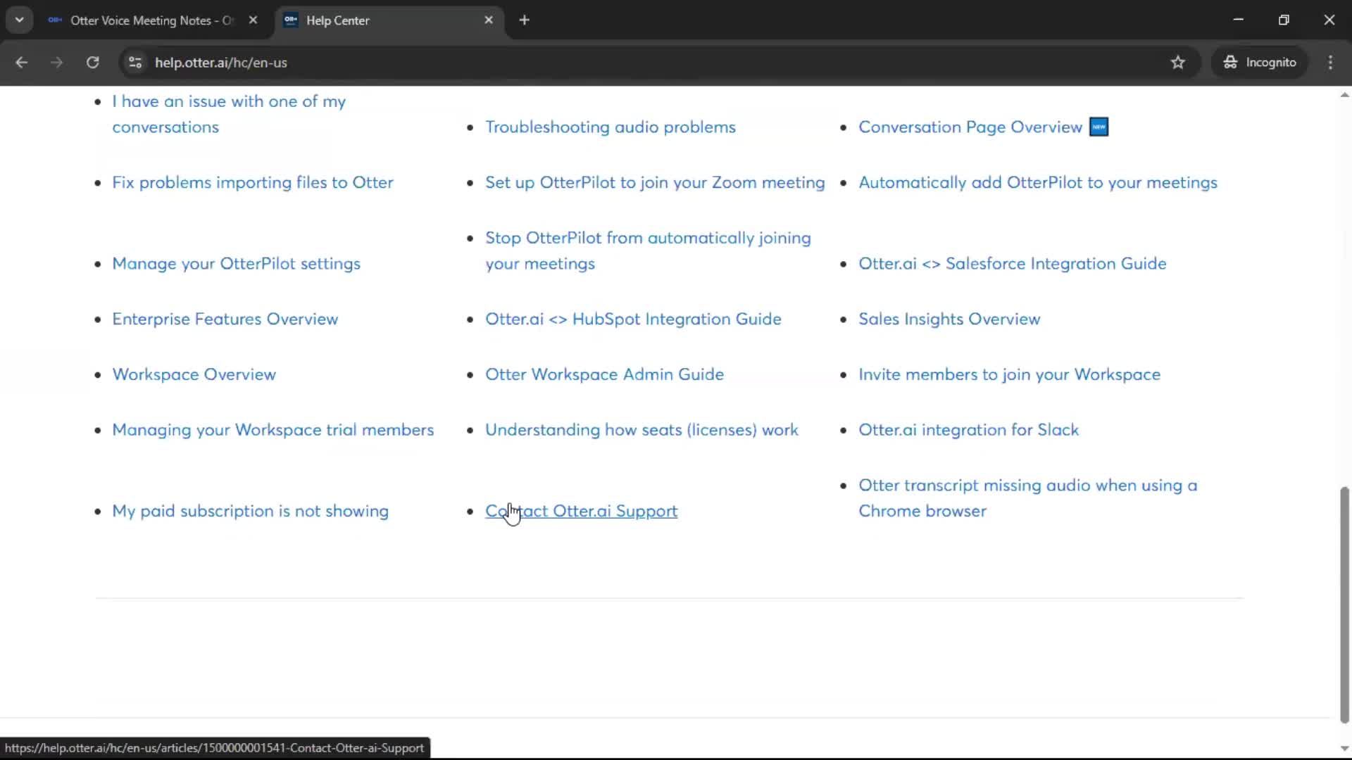 Help center screenshot