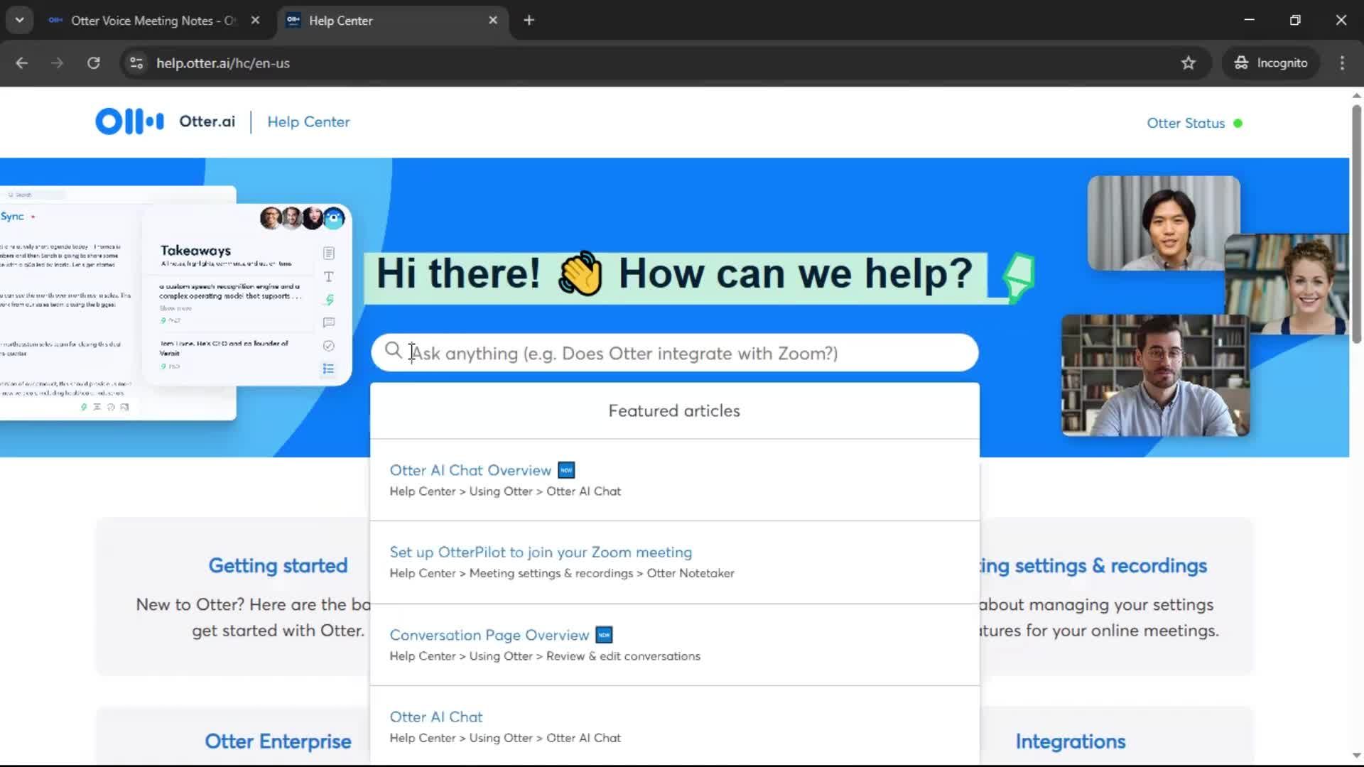 Help center screenshot