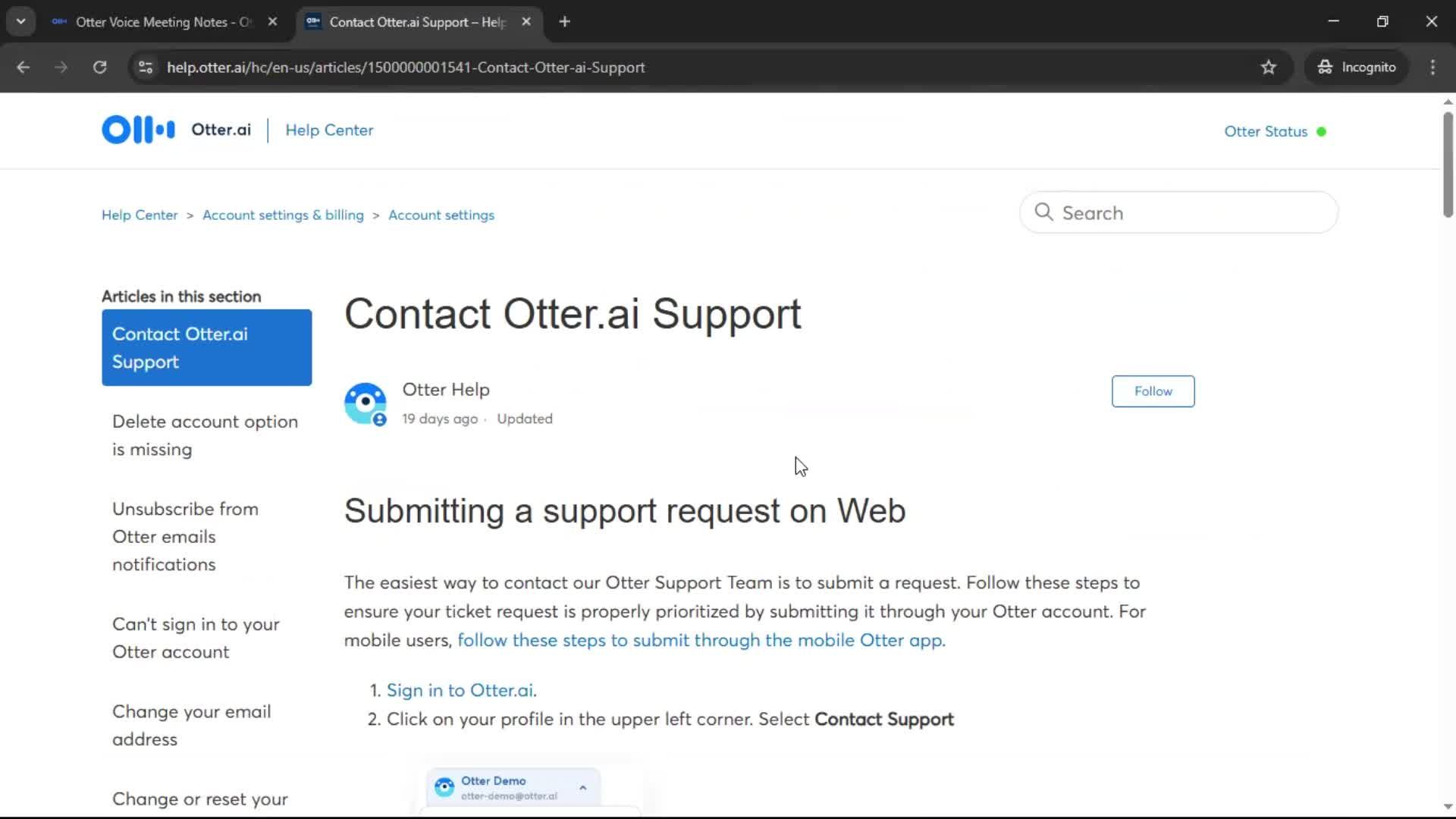 Help center screenshot