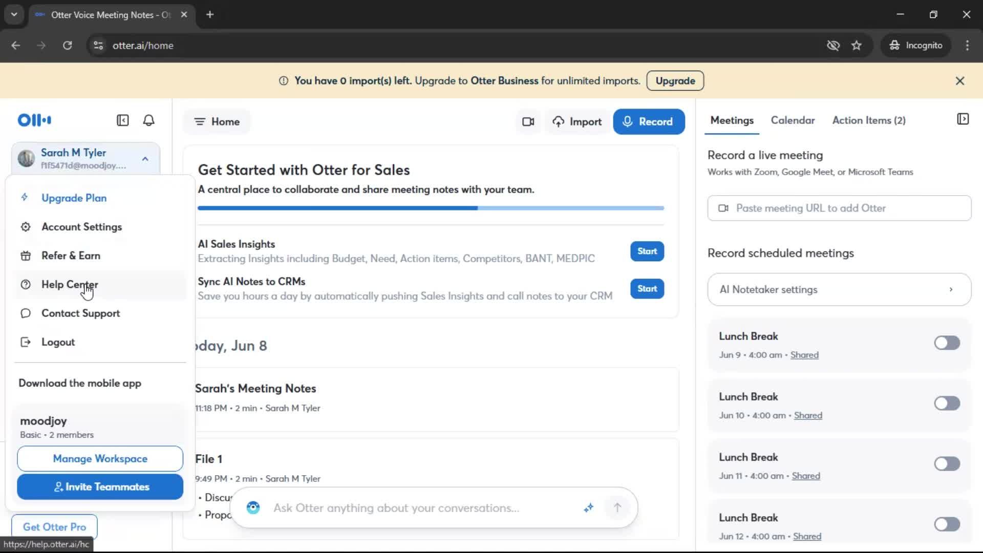 Help center screenshot