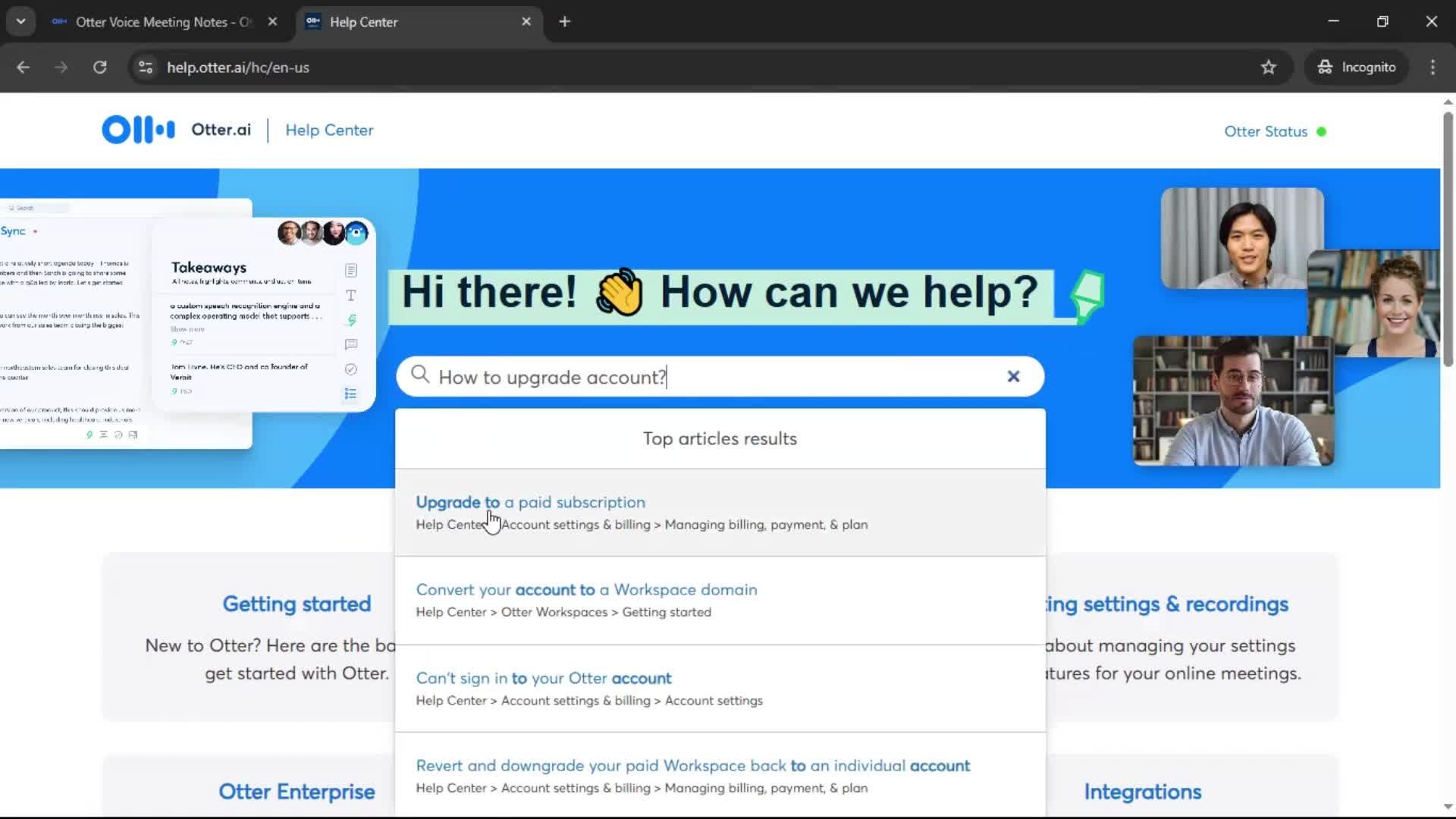 Help center screenshot