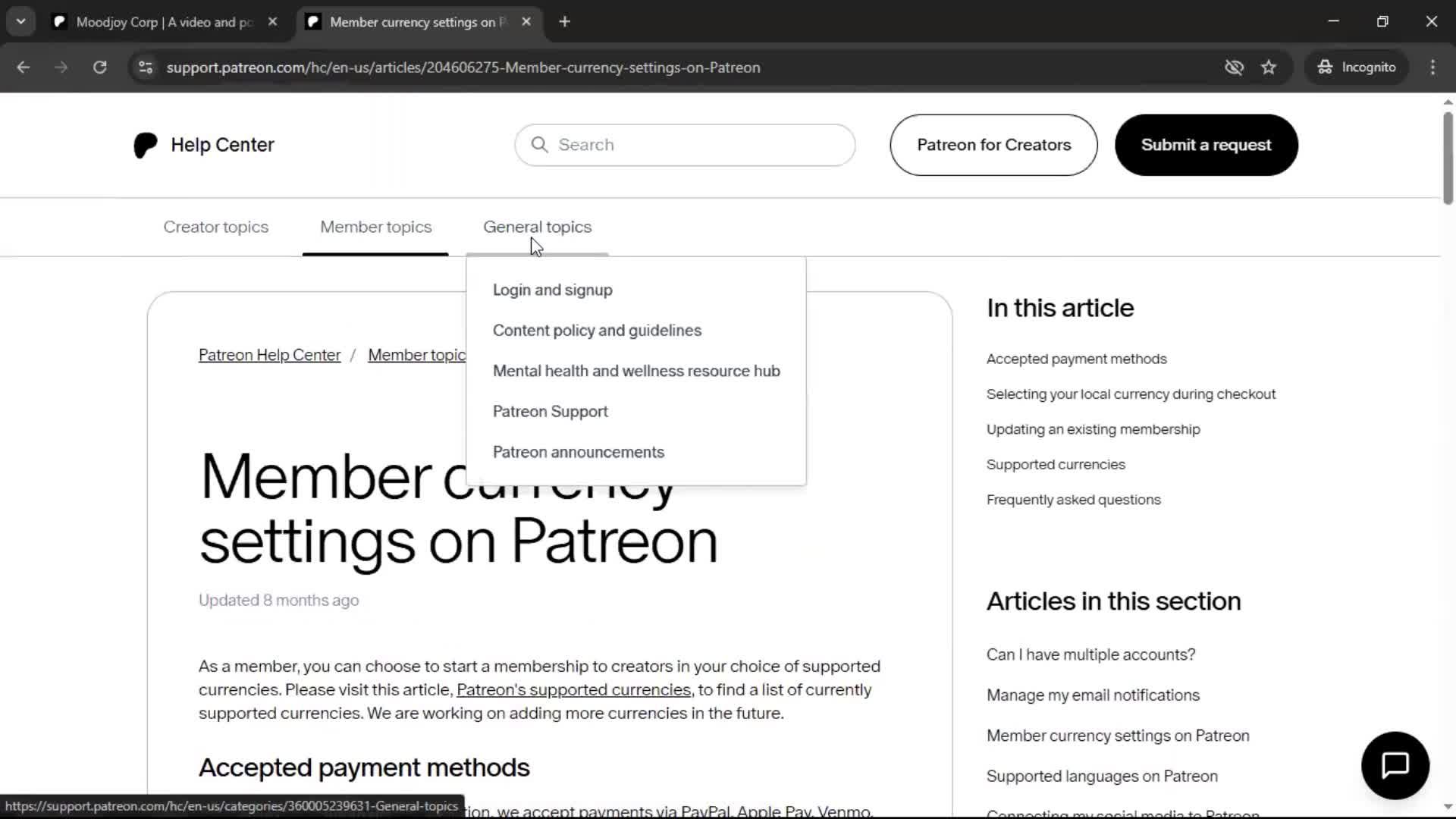 Help center screenshot