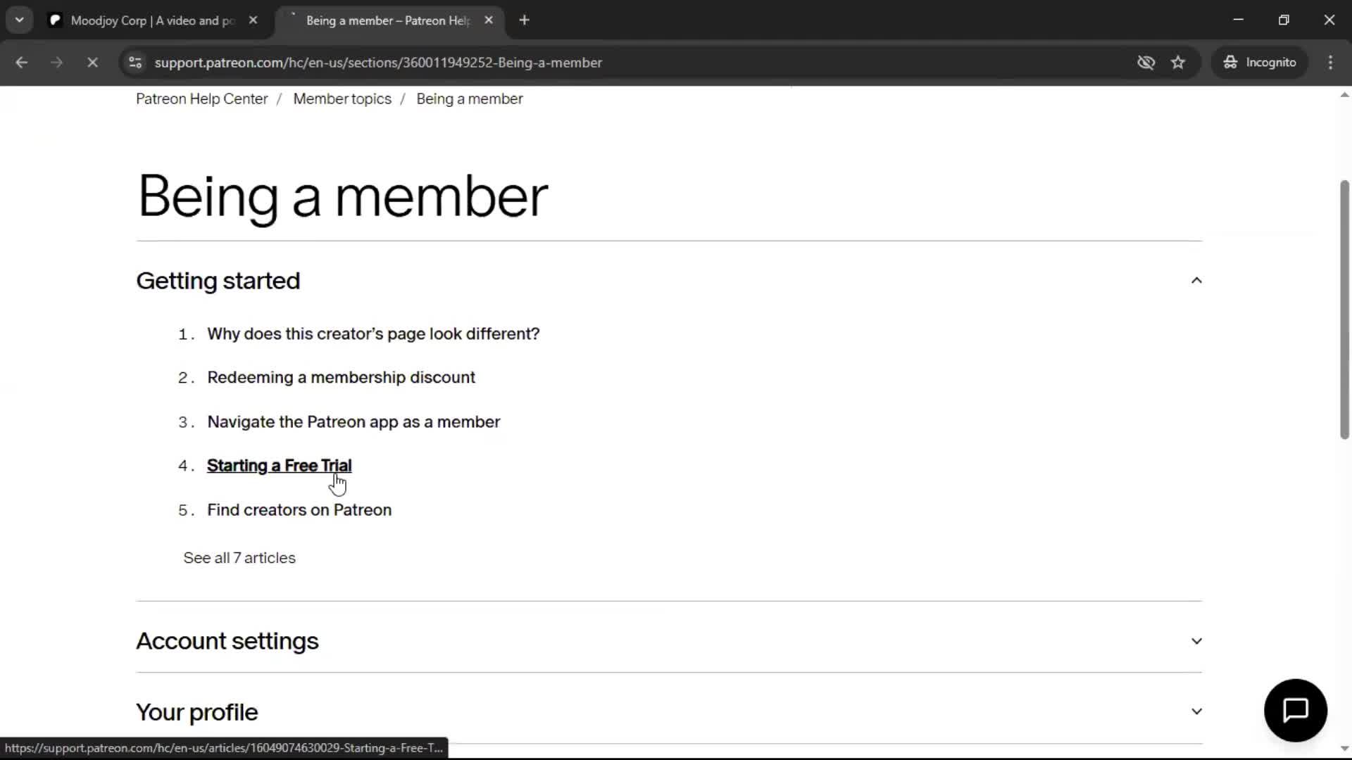 Help center screenshot