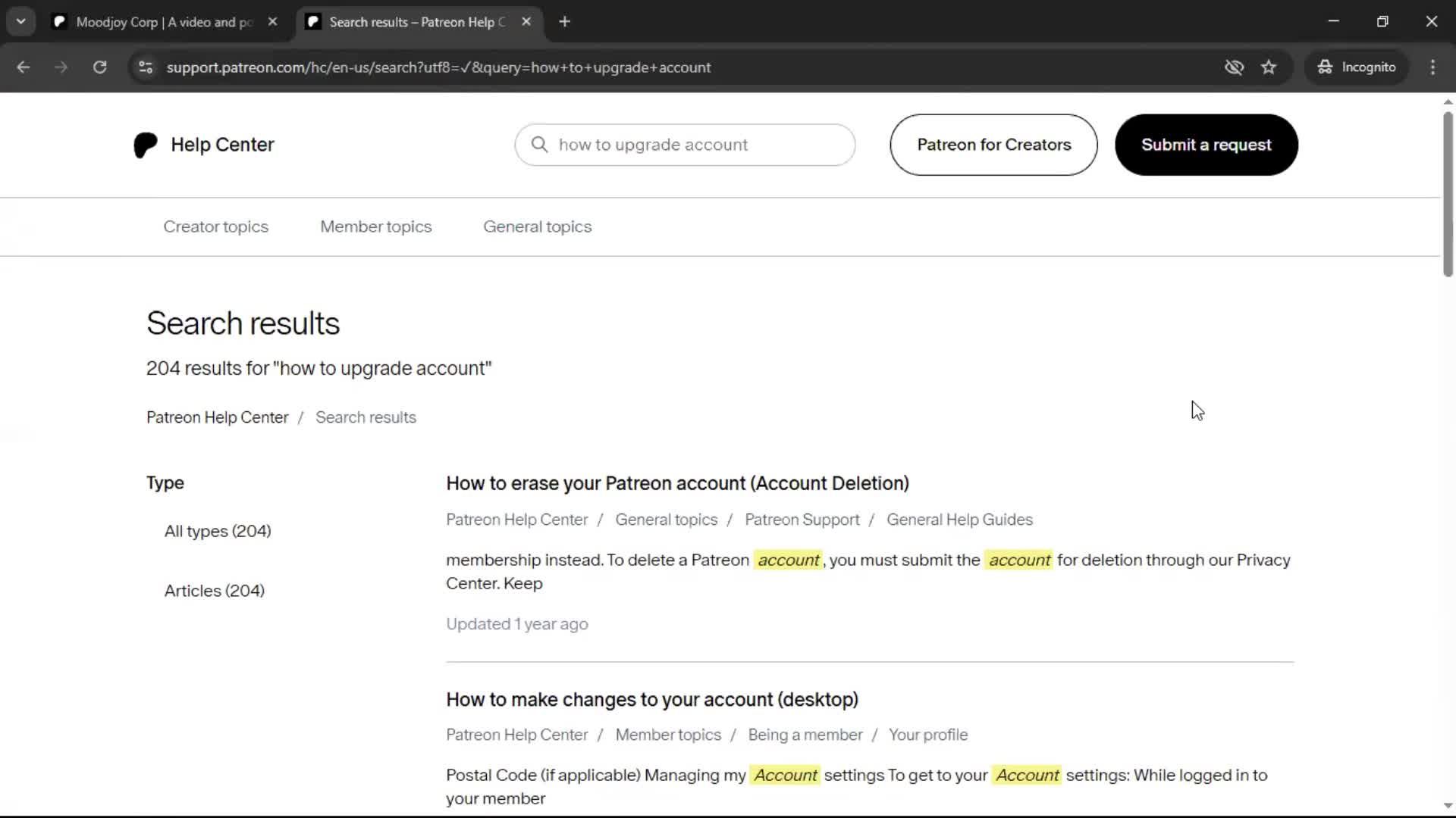 Help center screenshot