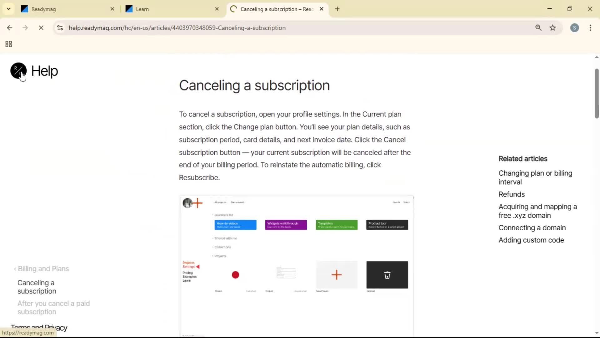 Help center screenshot