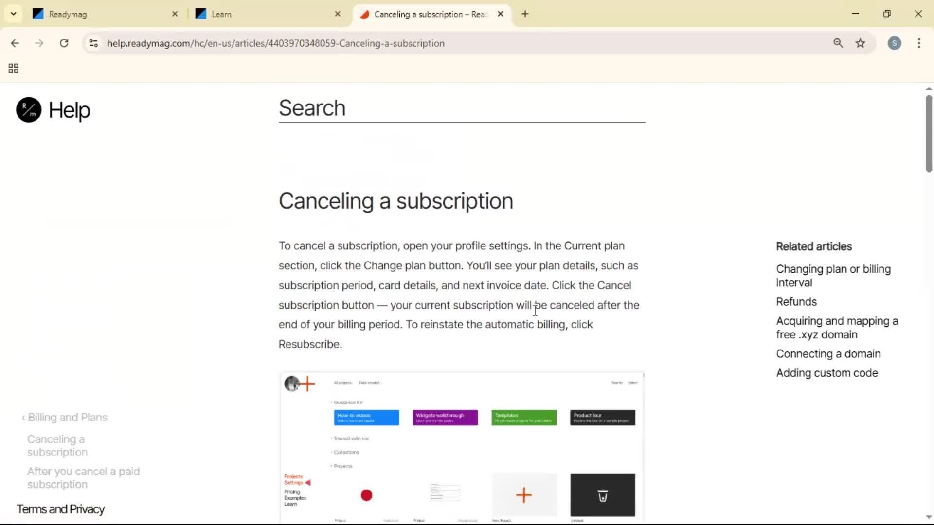 Help center screenshot
