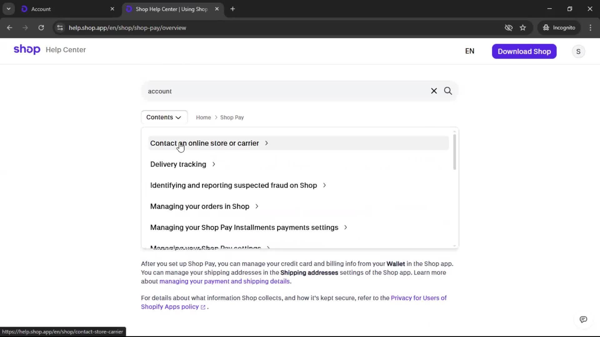 Help center screenshot