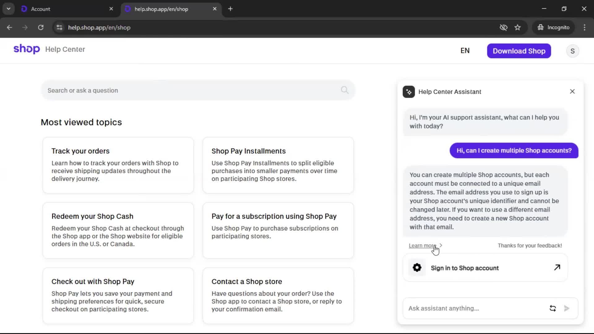Help center screenshot