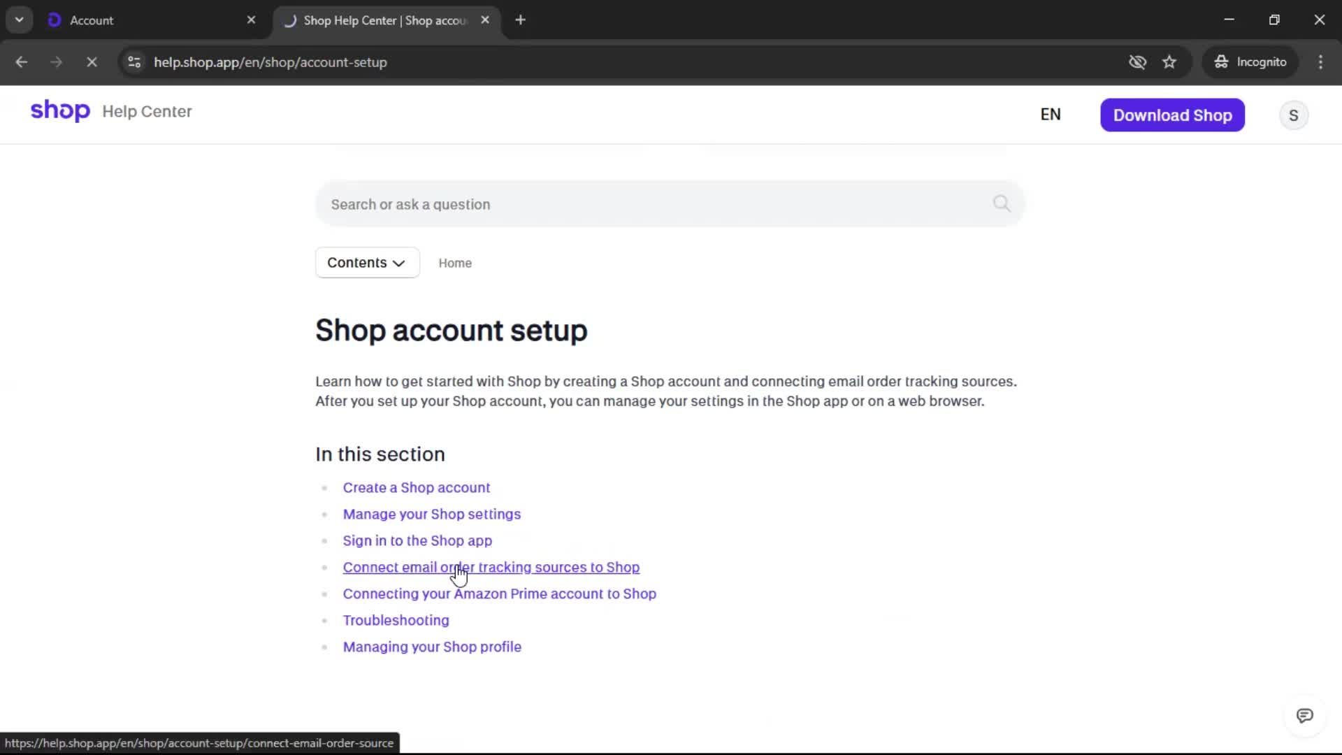 Help center screenshot