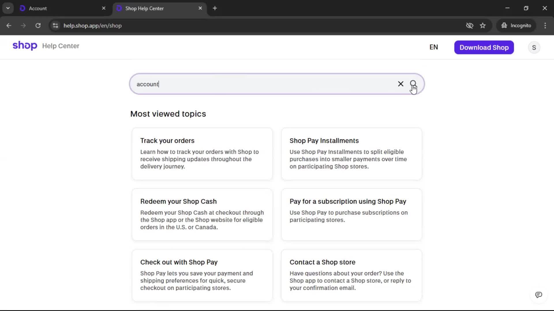 Help center screenshot