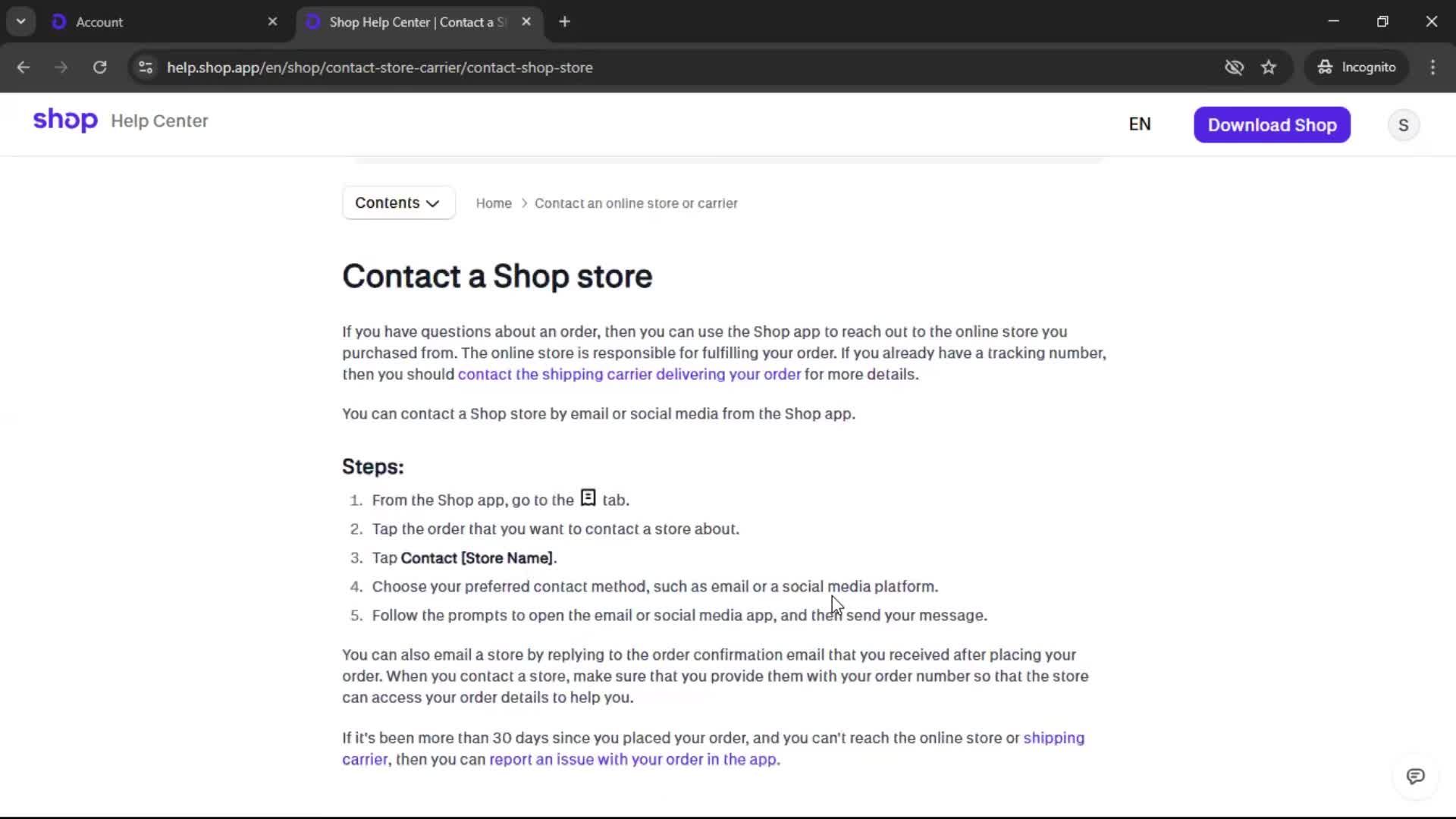Help center screenshot