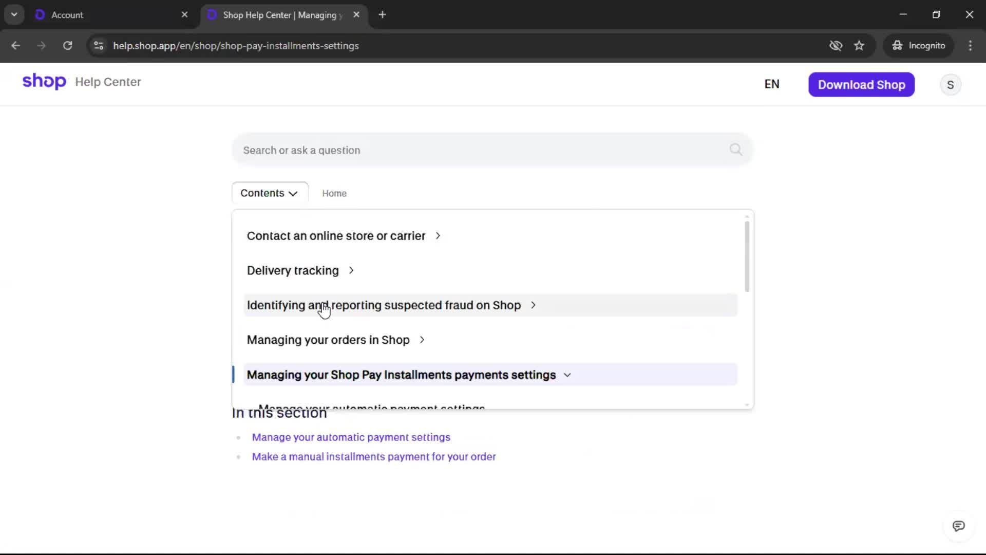 Help center screenshot