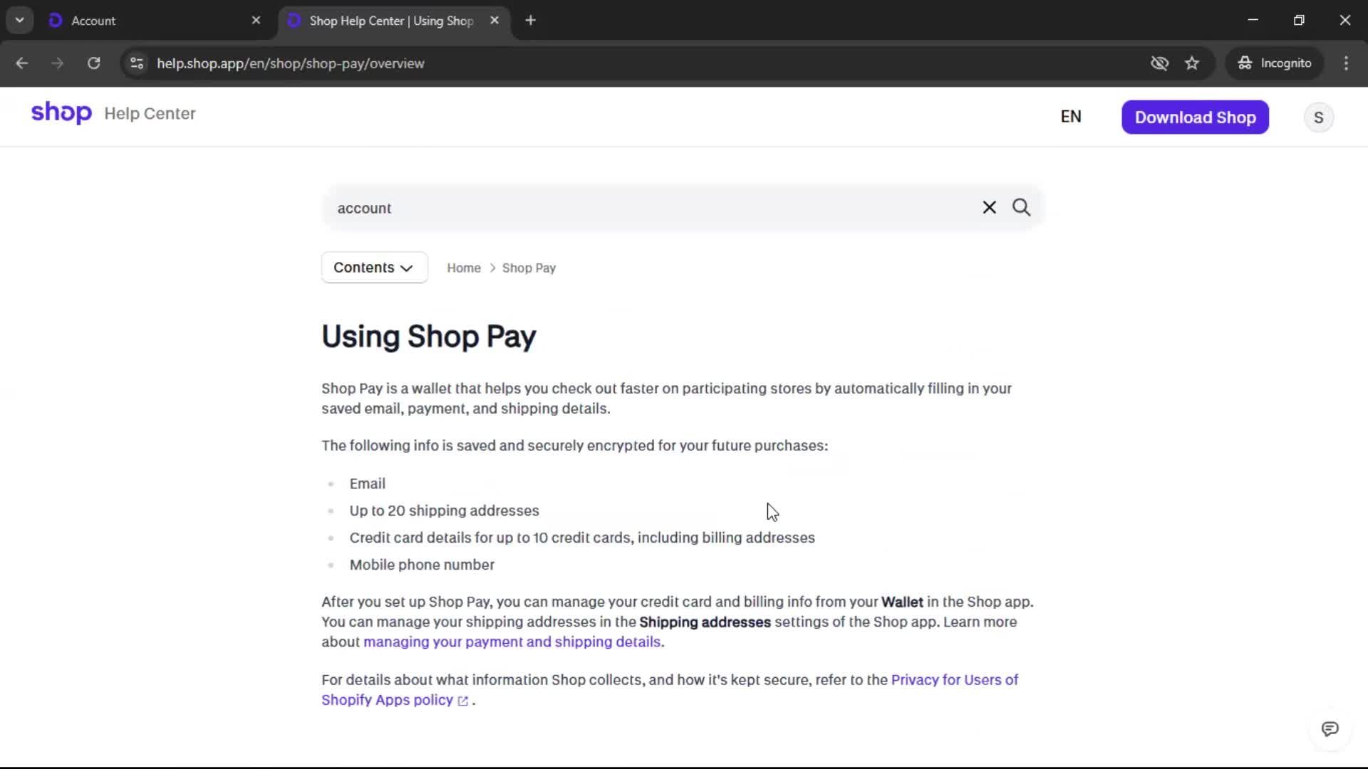 Help center screenshot