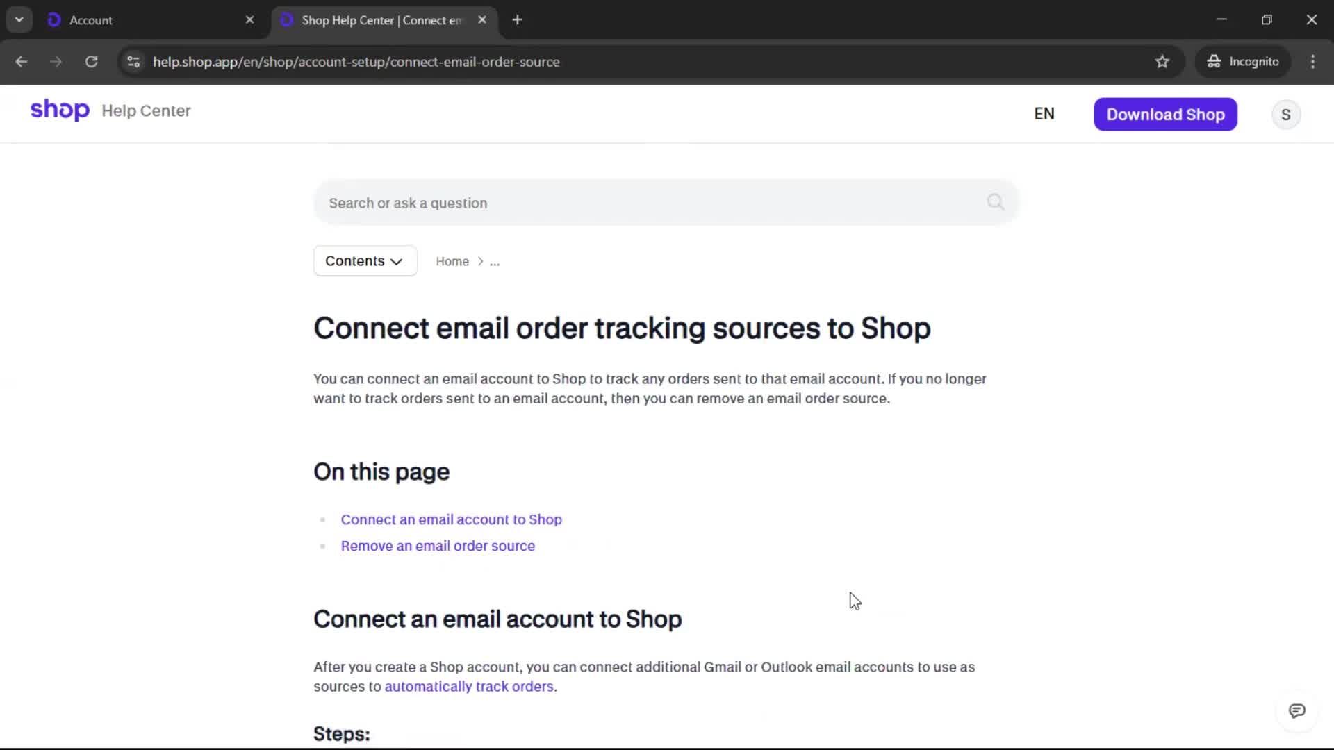 Help center screenshot