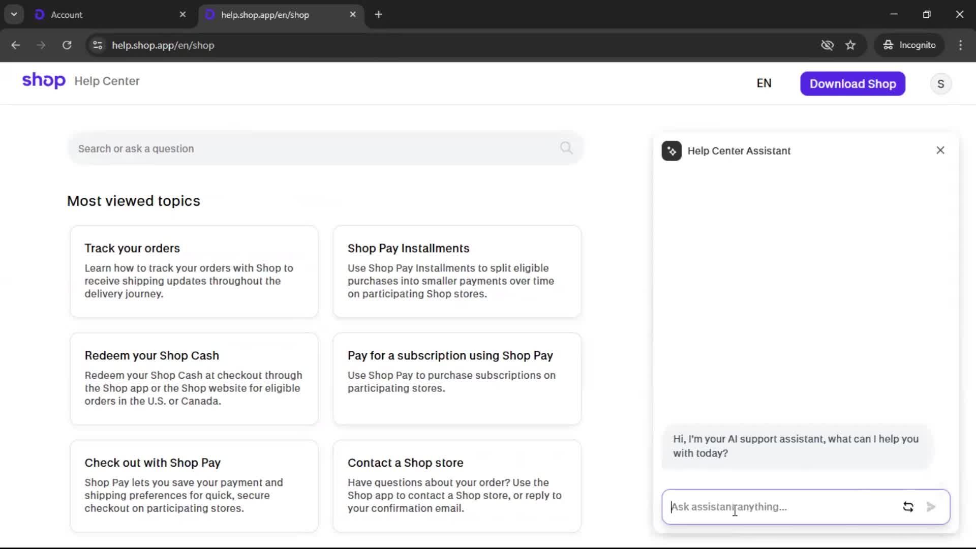 Help center screenshot