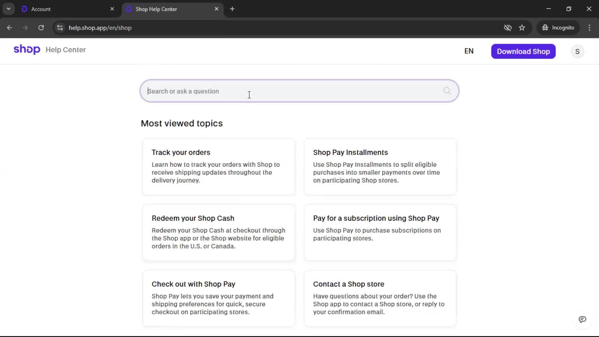 Help center screenshot