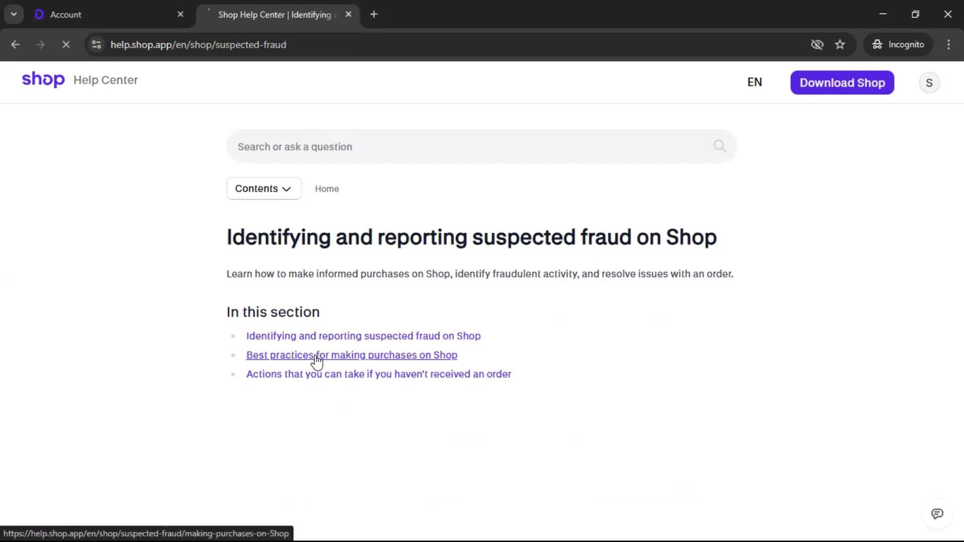 Help center screenshot