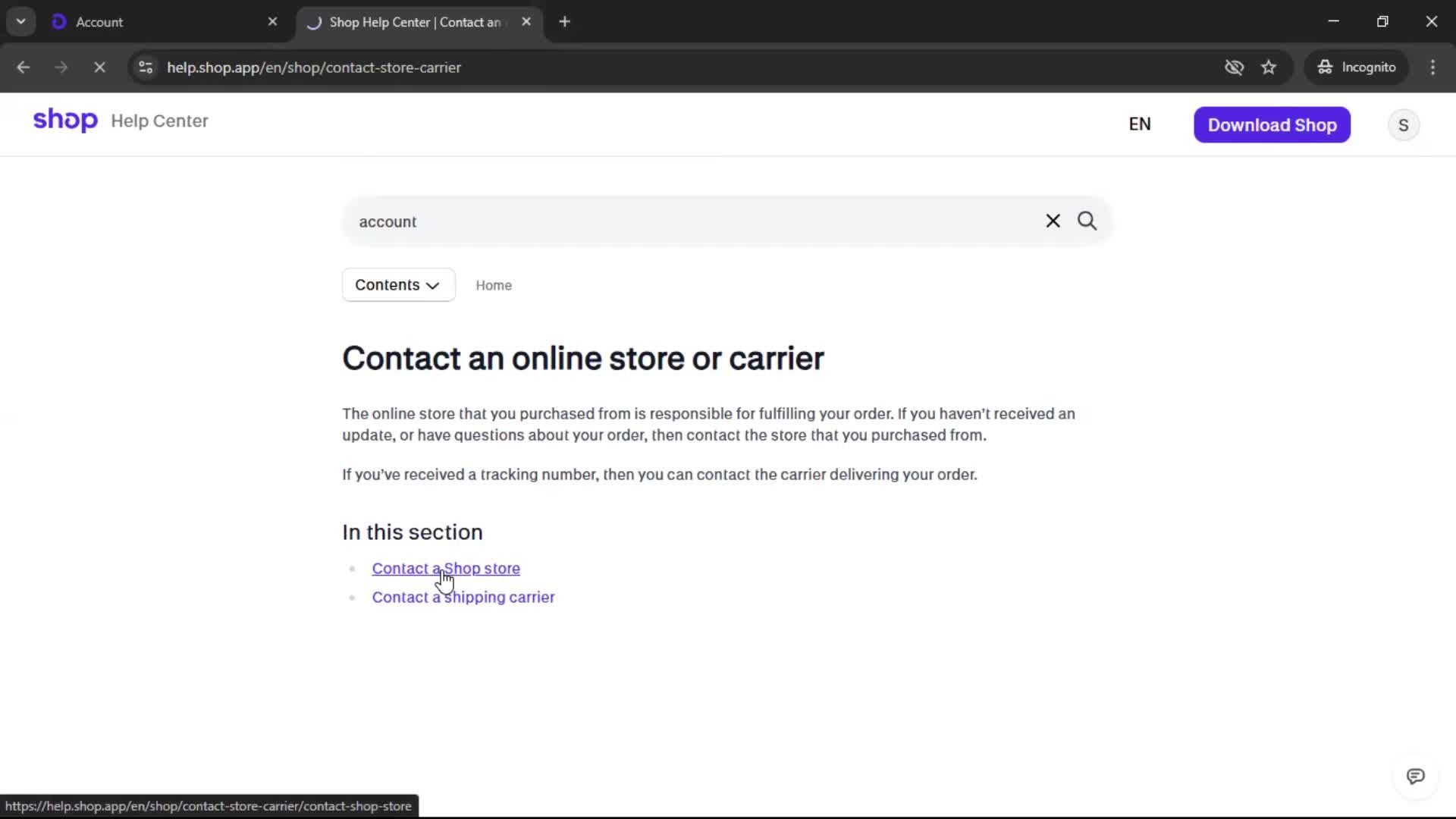 Help center screenshot